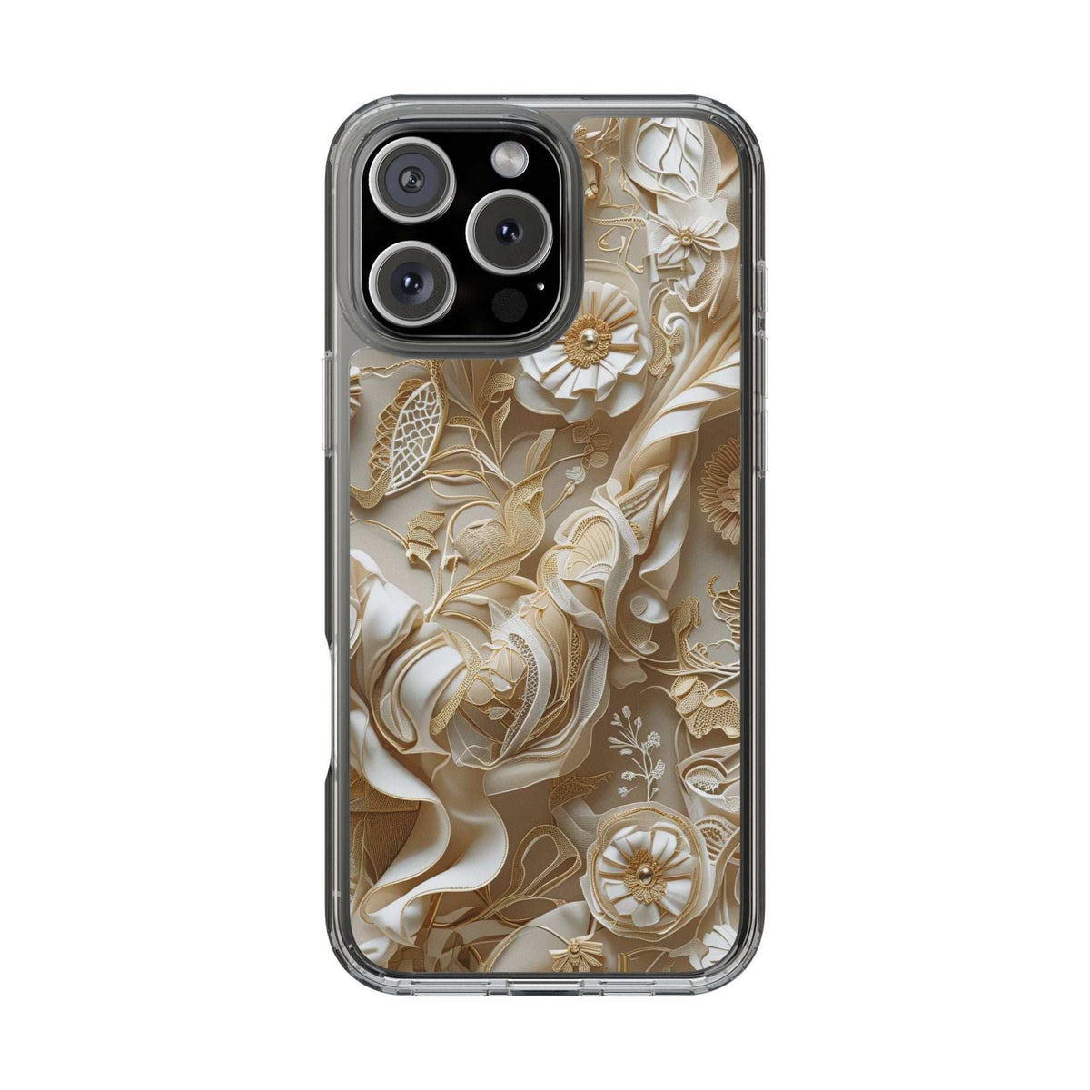 Clear phone case with gold-and-cream floral pattern and multi-lens camera cutout