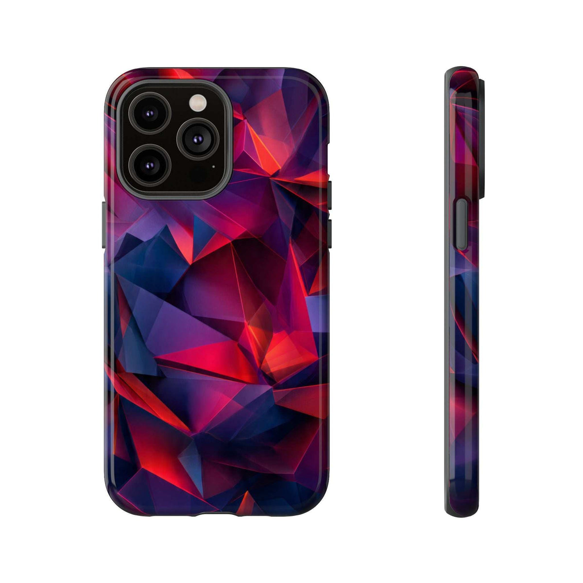 Glossy phone case featuring a faceted prism graphic with blue, red, and purple tones
