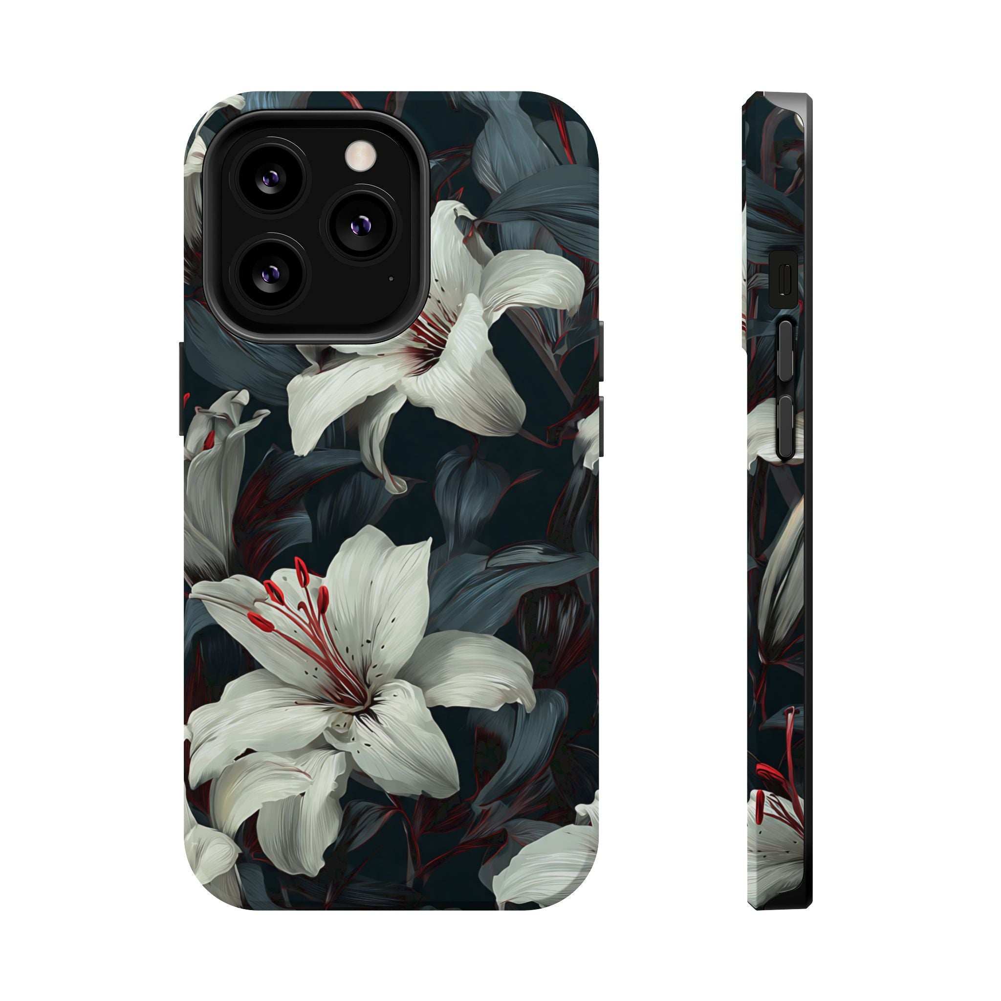 Phone case side view with white lily floral print and dark leaf pattern, slim edge.