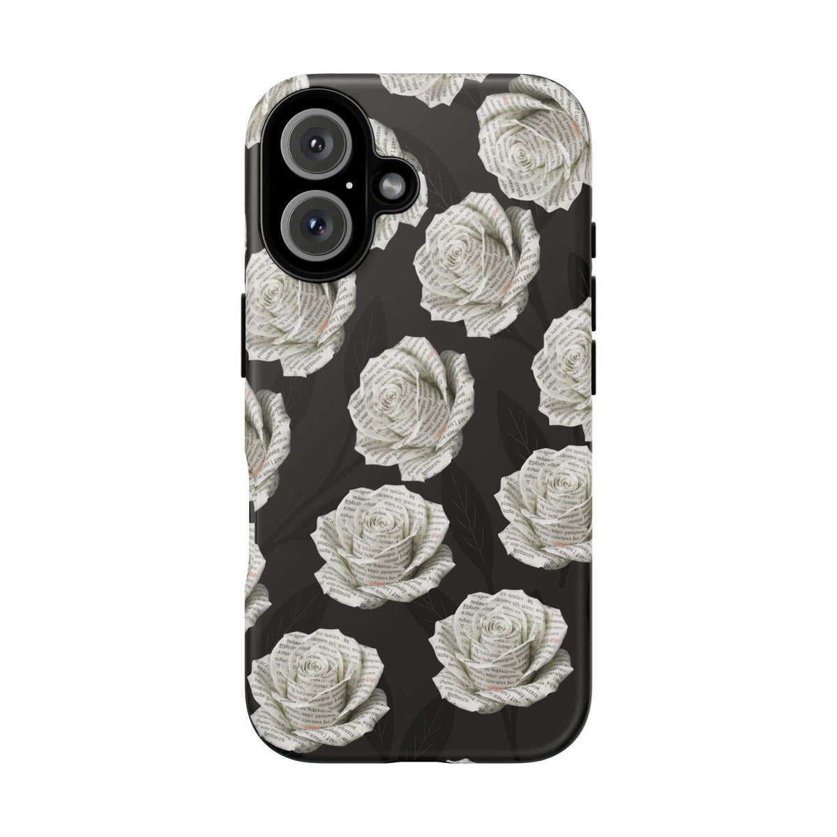 Phone case back view with black base and white rose pattern, camera lenses on left.