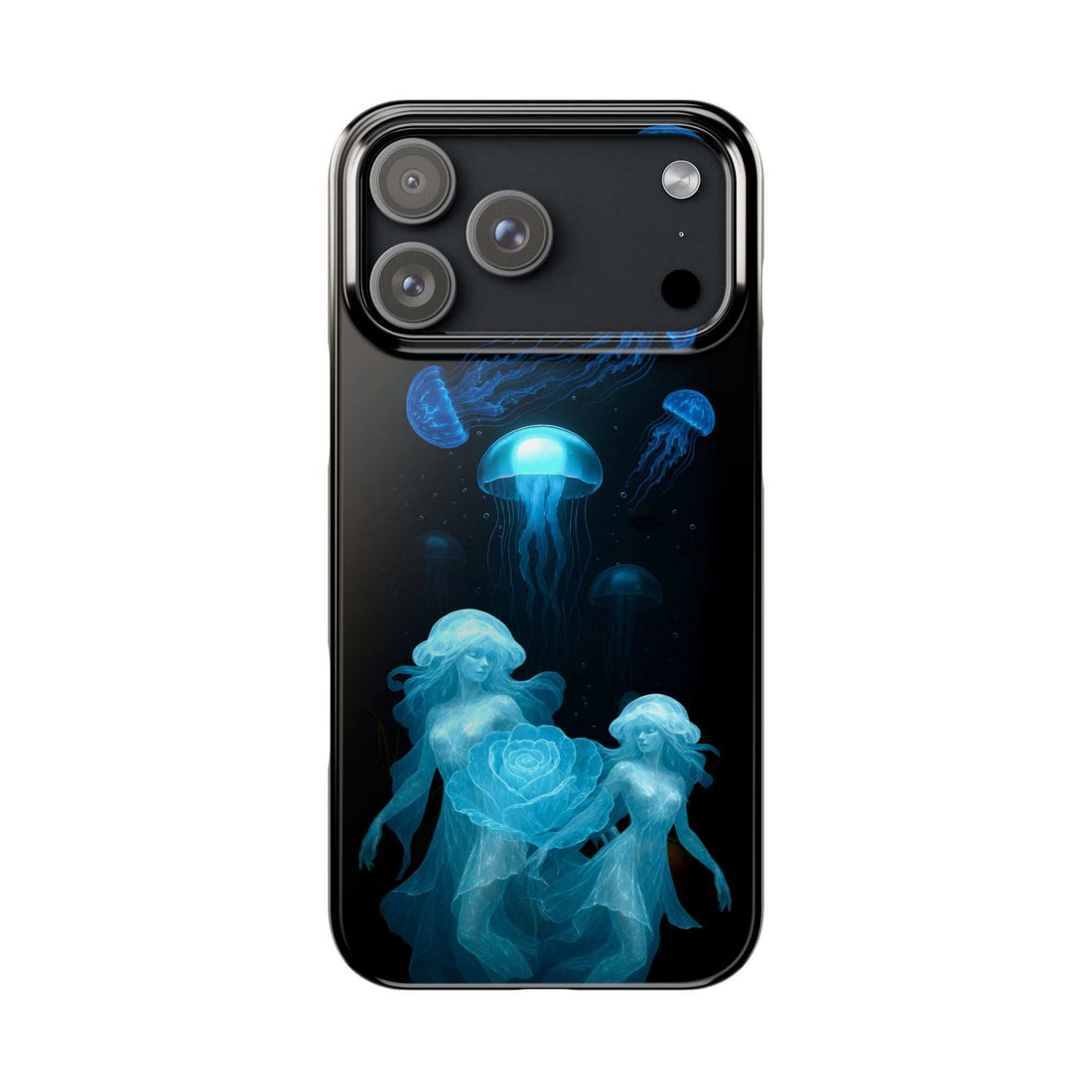 Phone case with blue jellyfish artwork and camera cutouts on the back