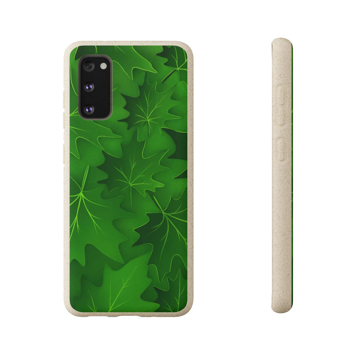 Green botanical leaf phone case with camera cutout; slim side view shown