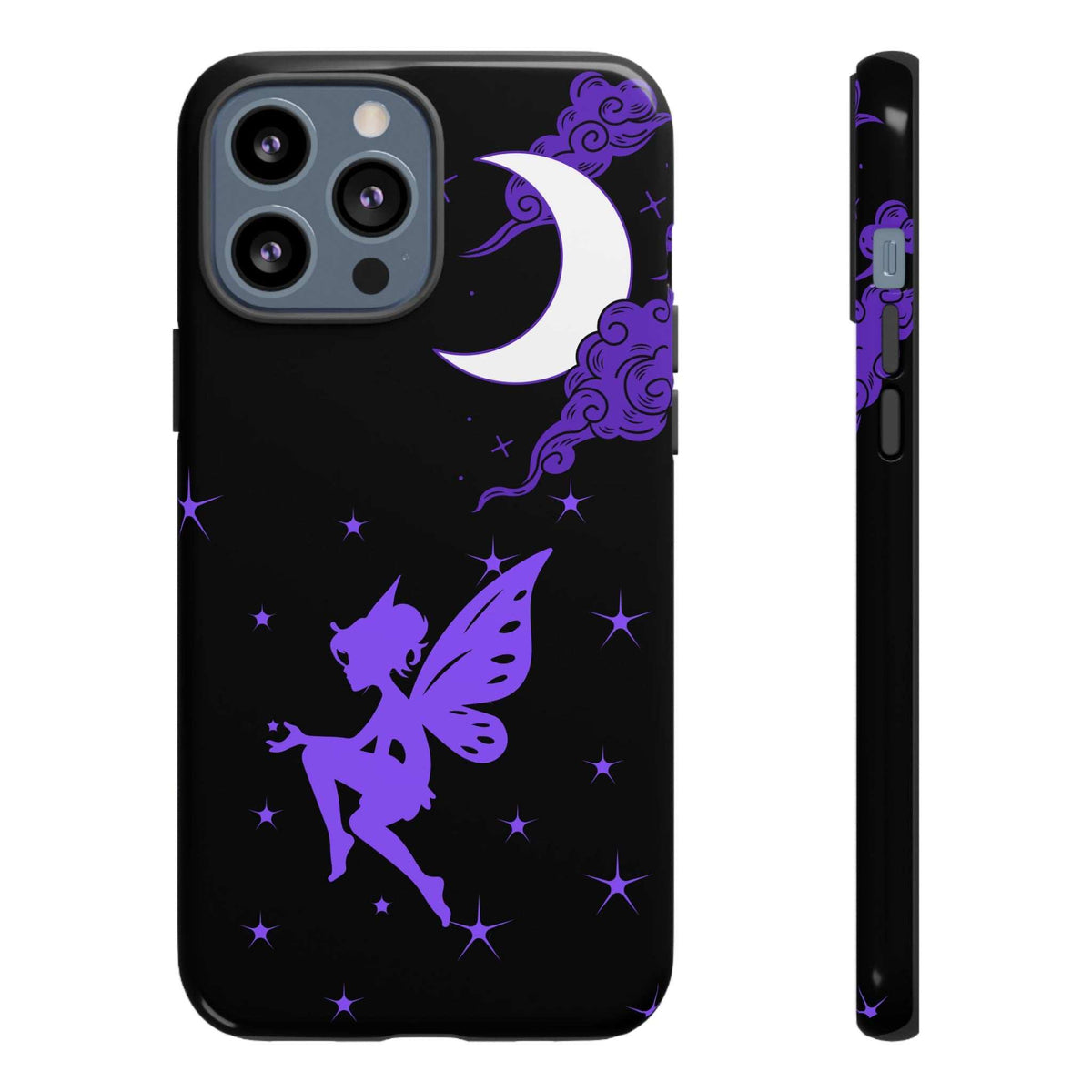 Black phone case with purple moon and fairy wings; side profile and rear camera cutout
