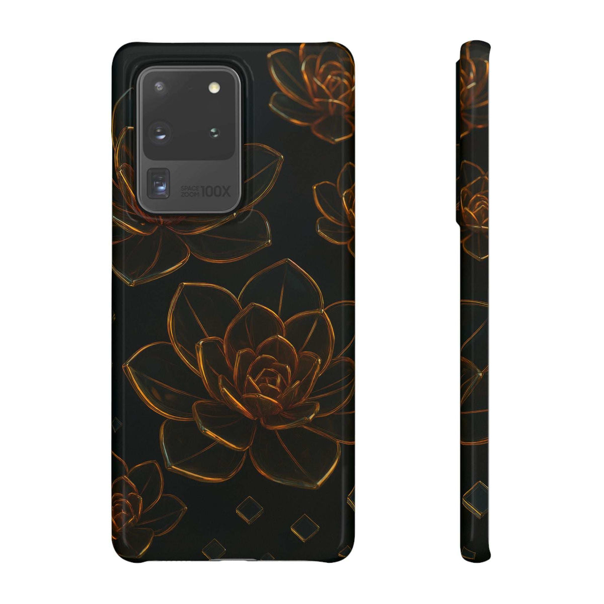 Glossy glass phone case with bronze floral line art on black; side edge and camera cutouts.