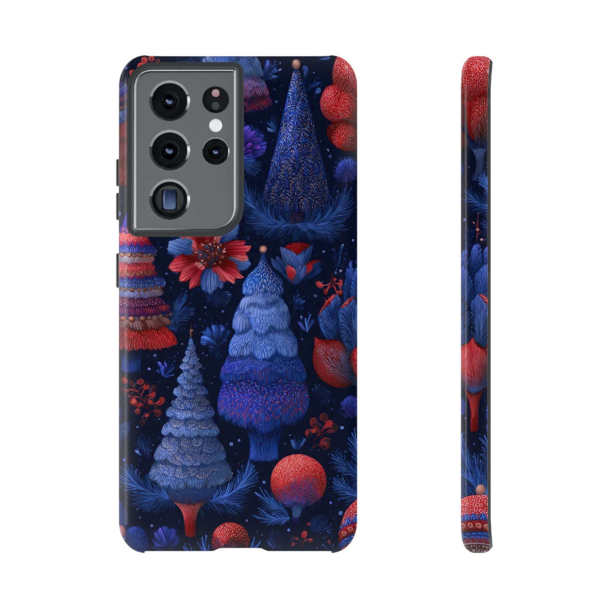Phone case back with blue forest trees, red poinsettia flowers, and camera cutouts