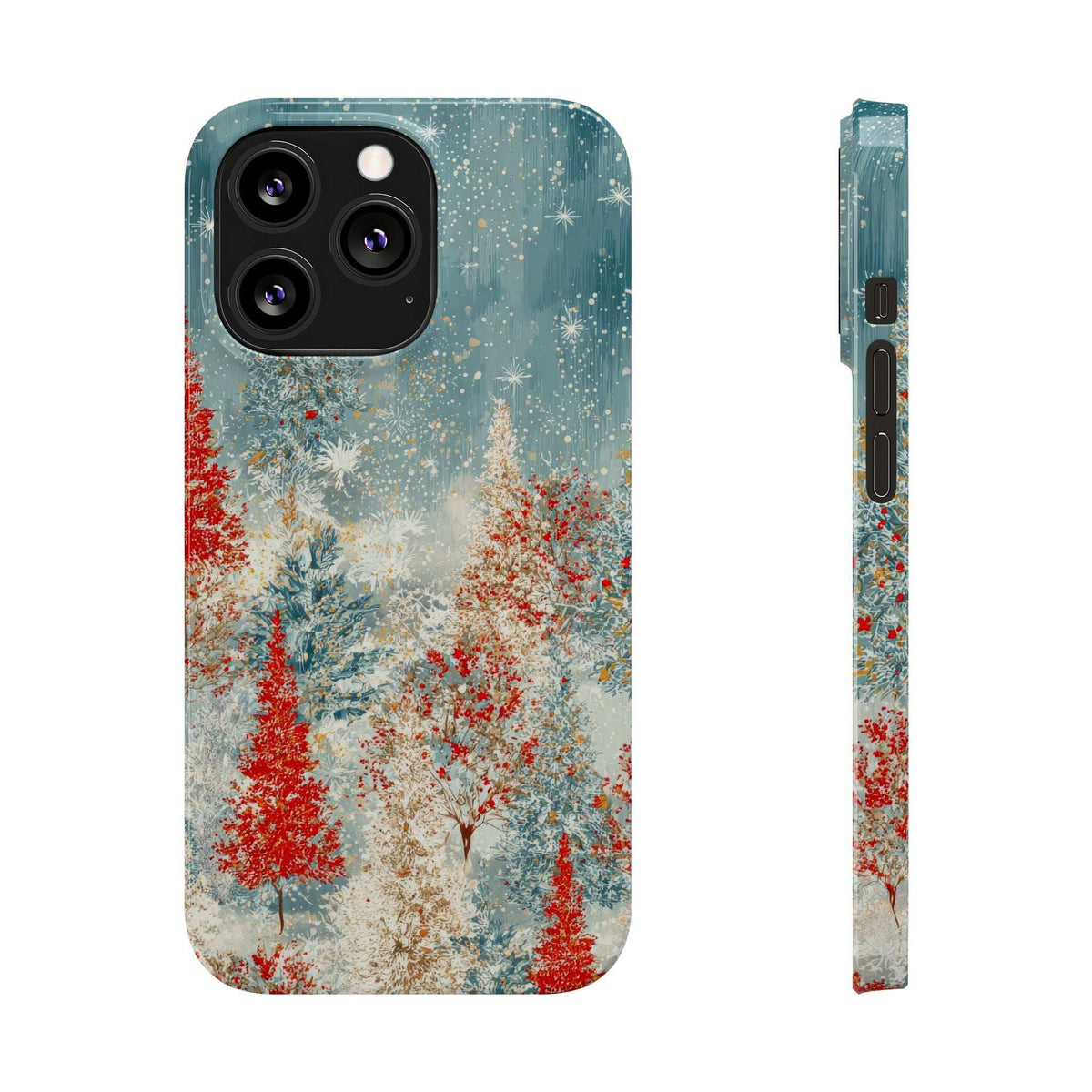 Phone case with snowy forest artwork and teal frame; side view shows port and button openings