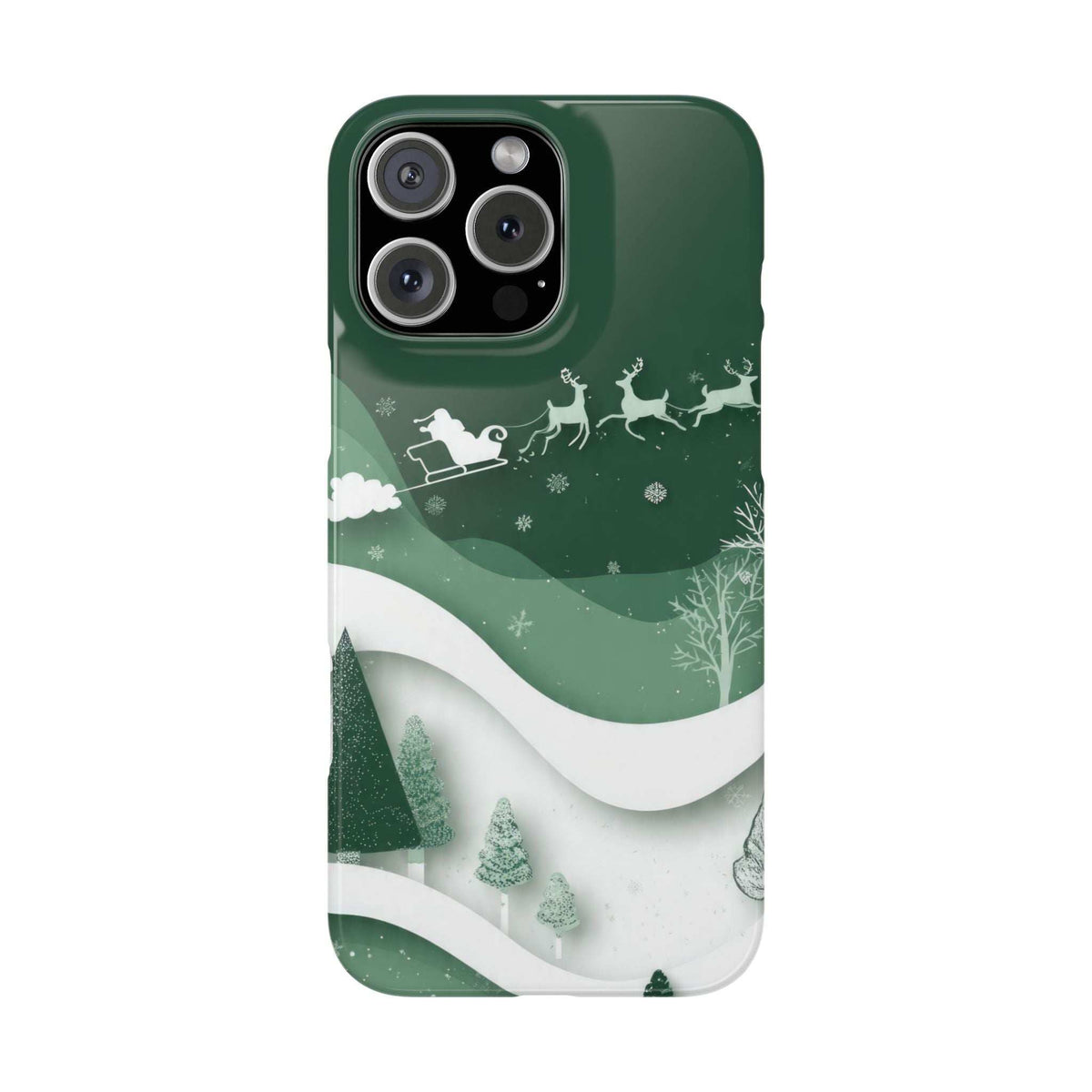 Green winter evergreen phone case with white wavy band, trees, sleigh, and reindeer icons.