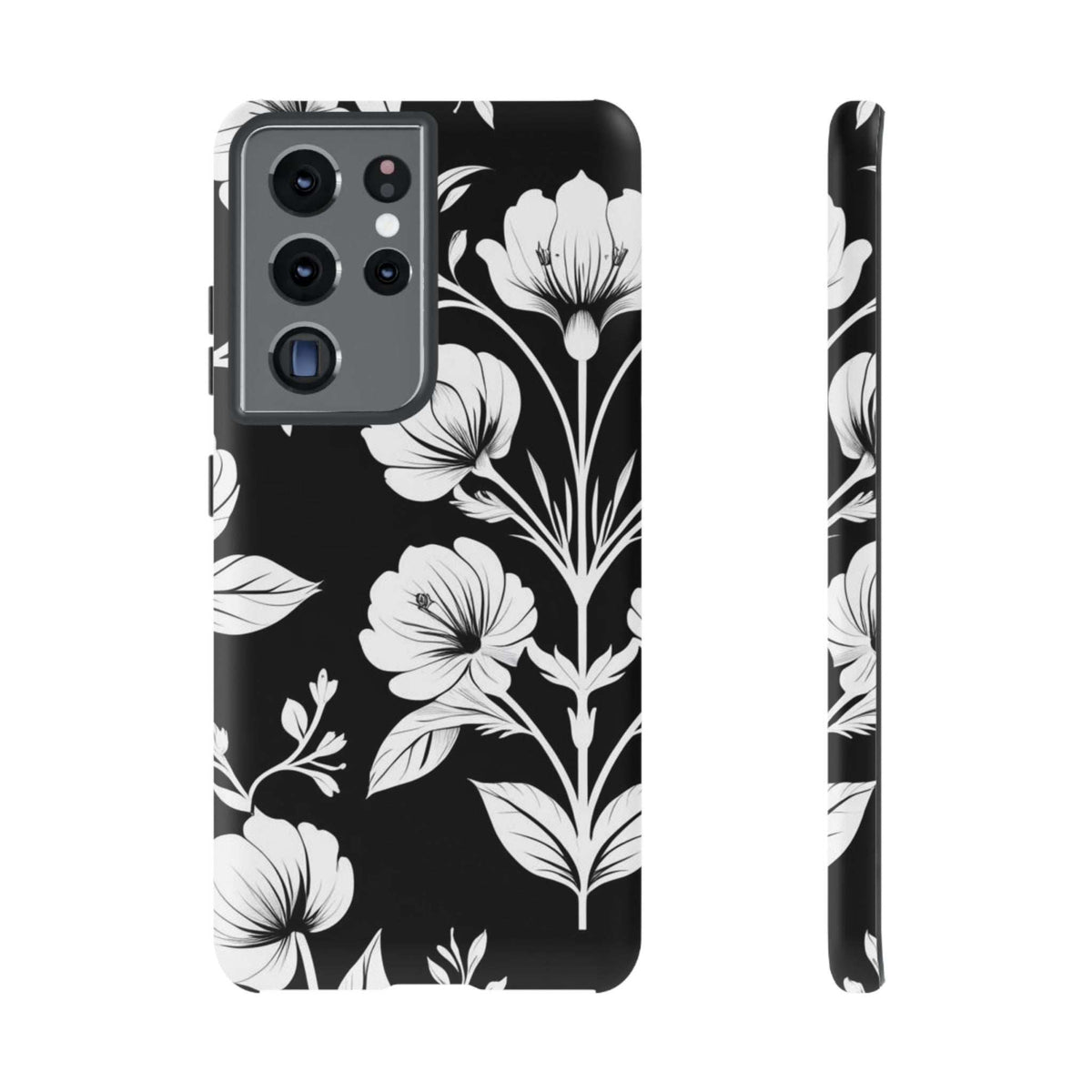 Black phone case with white floral pattern, back view and side edge details