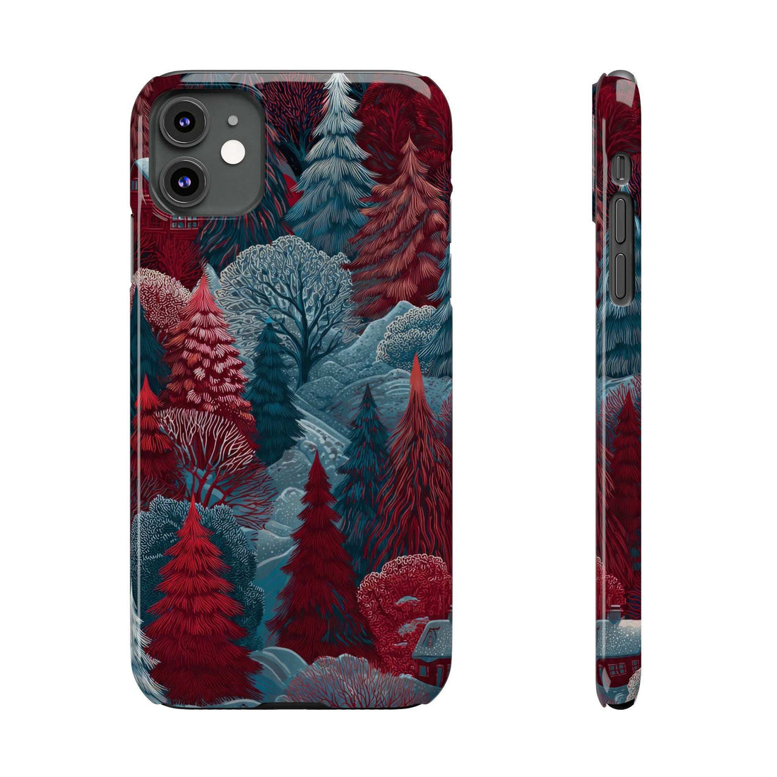 Phone case with dark forest scene artwork, featuring camera lens cutouts and side openings