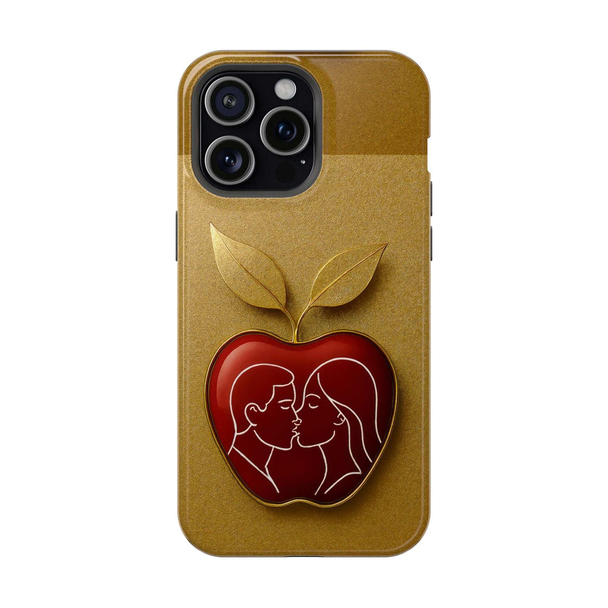 Gold phone case with gold leaf and red apple-heart couple emblem; back view