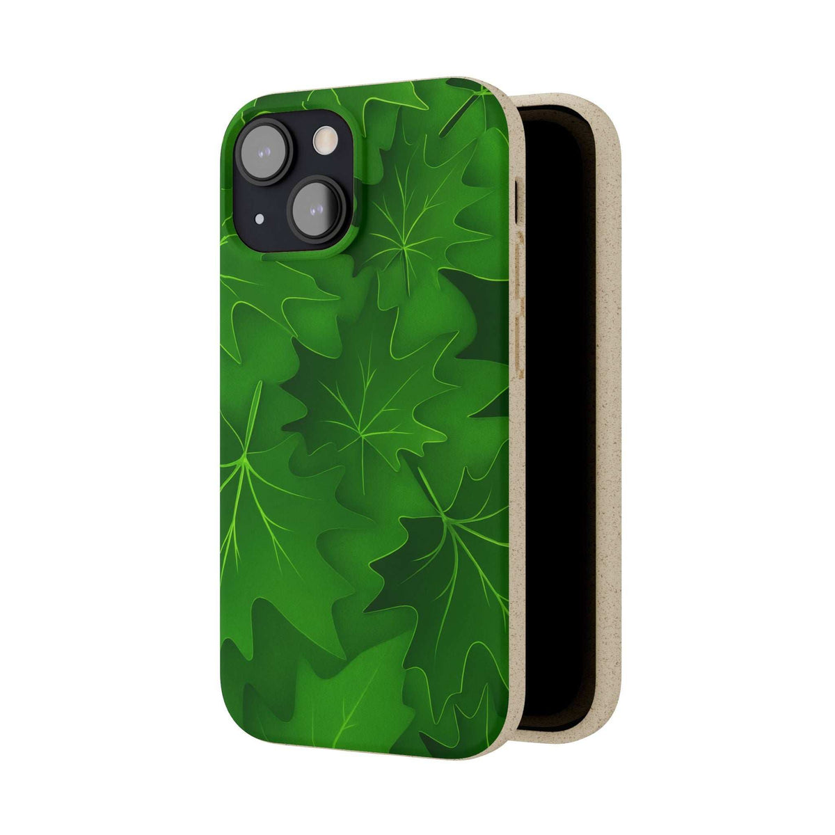 Green leaf-pattern phone case shown open at side, revealing beige bumper
