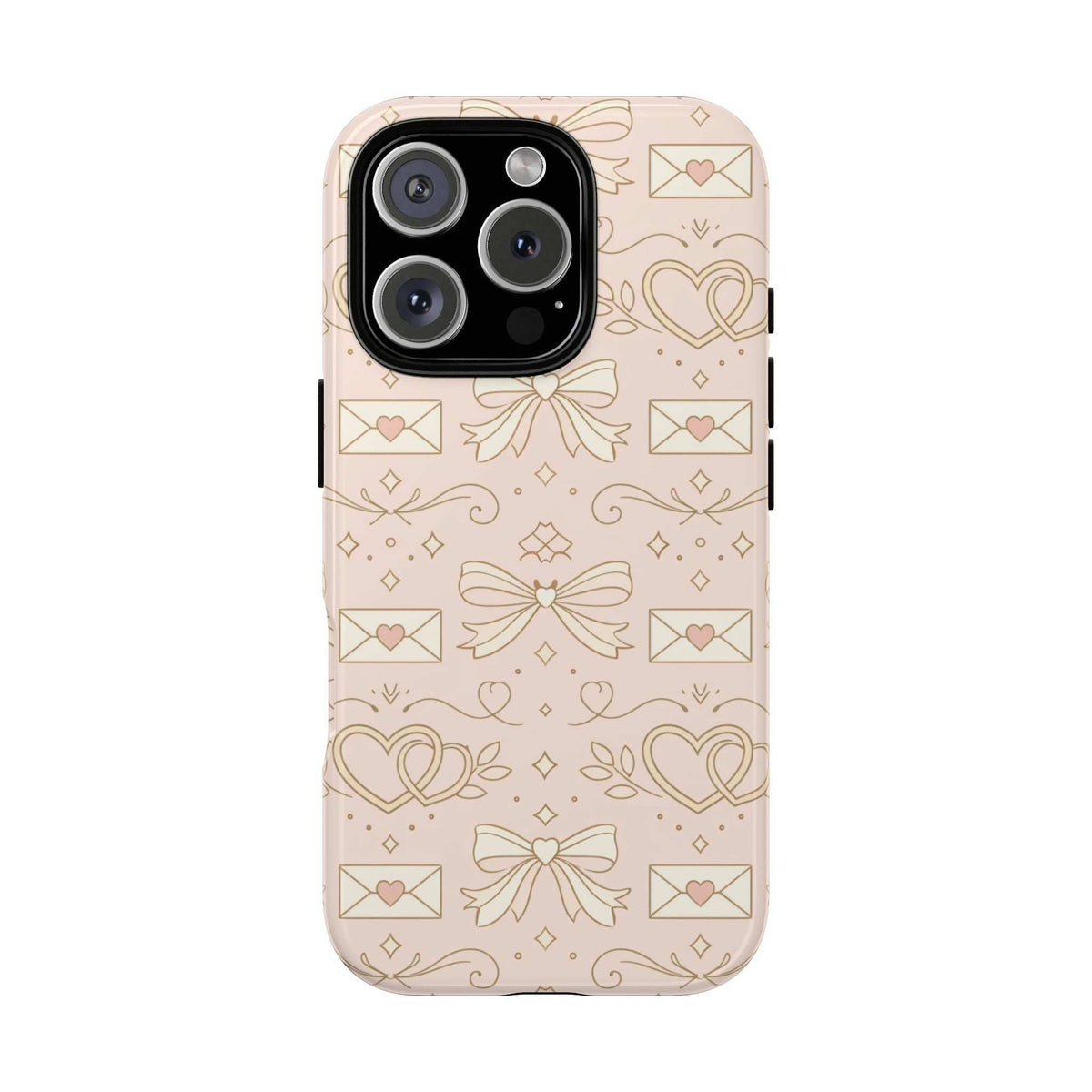 Light pink tough phone case with hearts and bows; large camera cluster cutout with flash circle