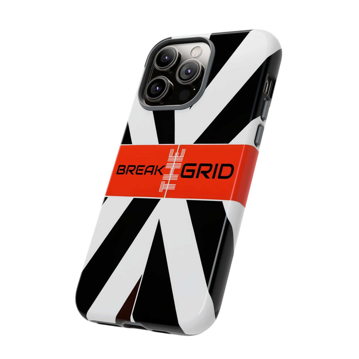 Break Grid phone case with black-and-white geometric stripes and orange band, for phone cameras