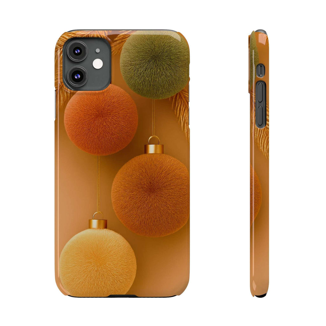 Phone case back with orange pom-pom ornaments and gold string details; camera cutouts visible.