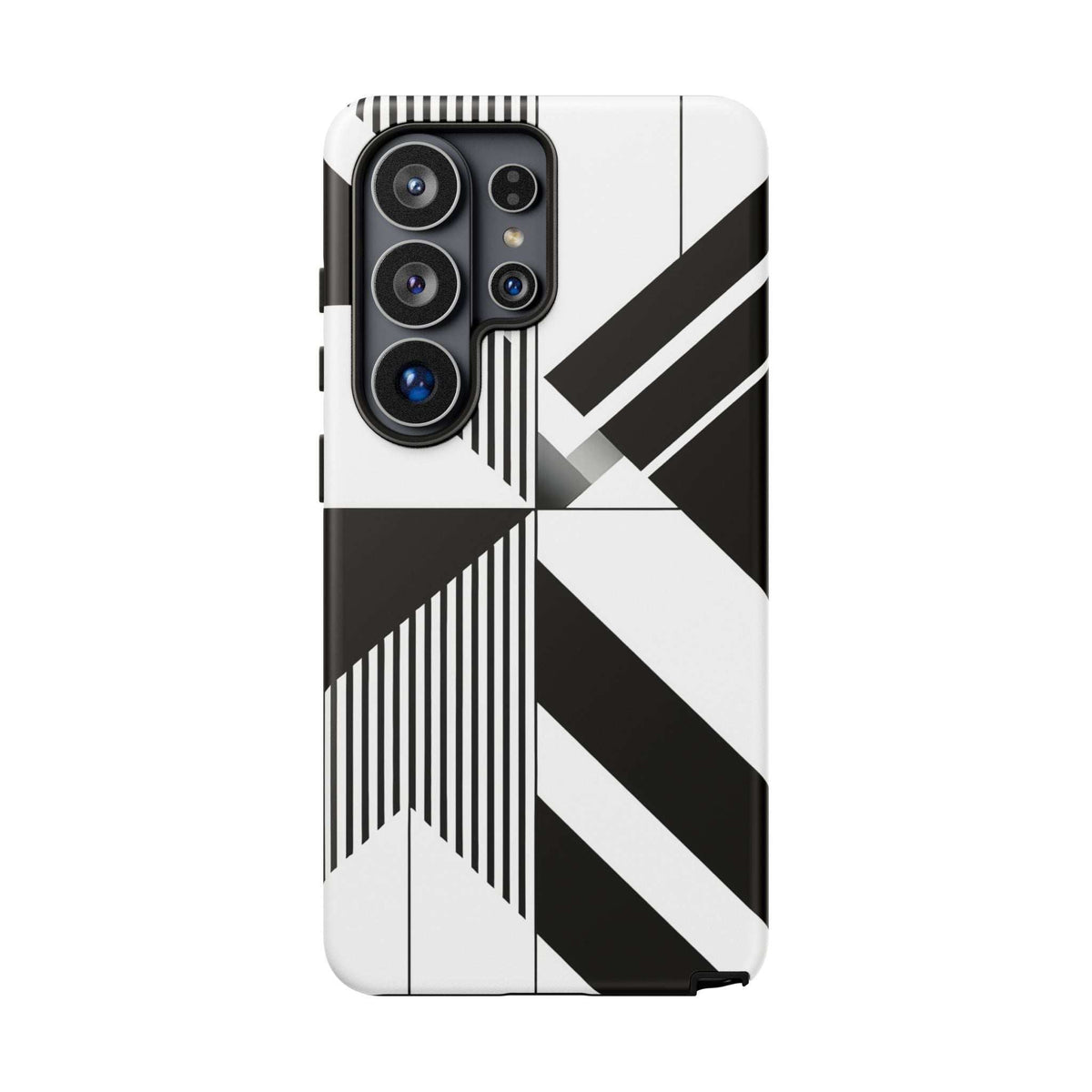 Monochrome tough phone case with high-contrast geometric stripe and chevron pattern on back