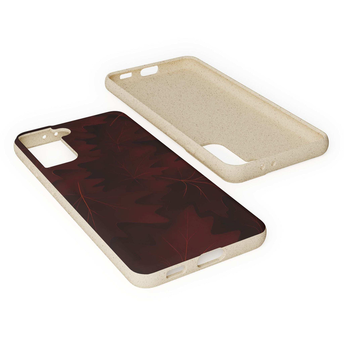 Phone case with autumn leaf pattern, shown with front and back openings