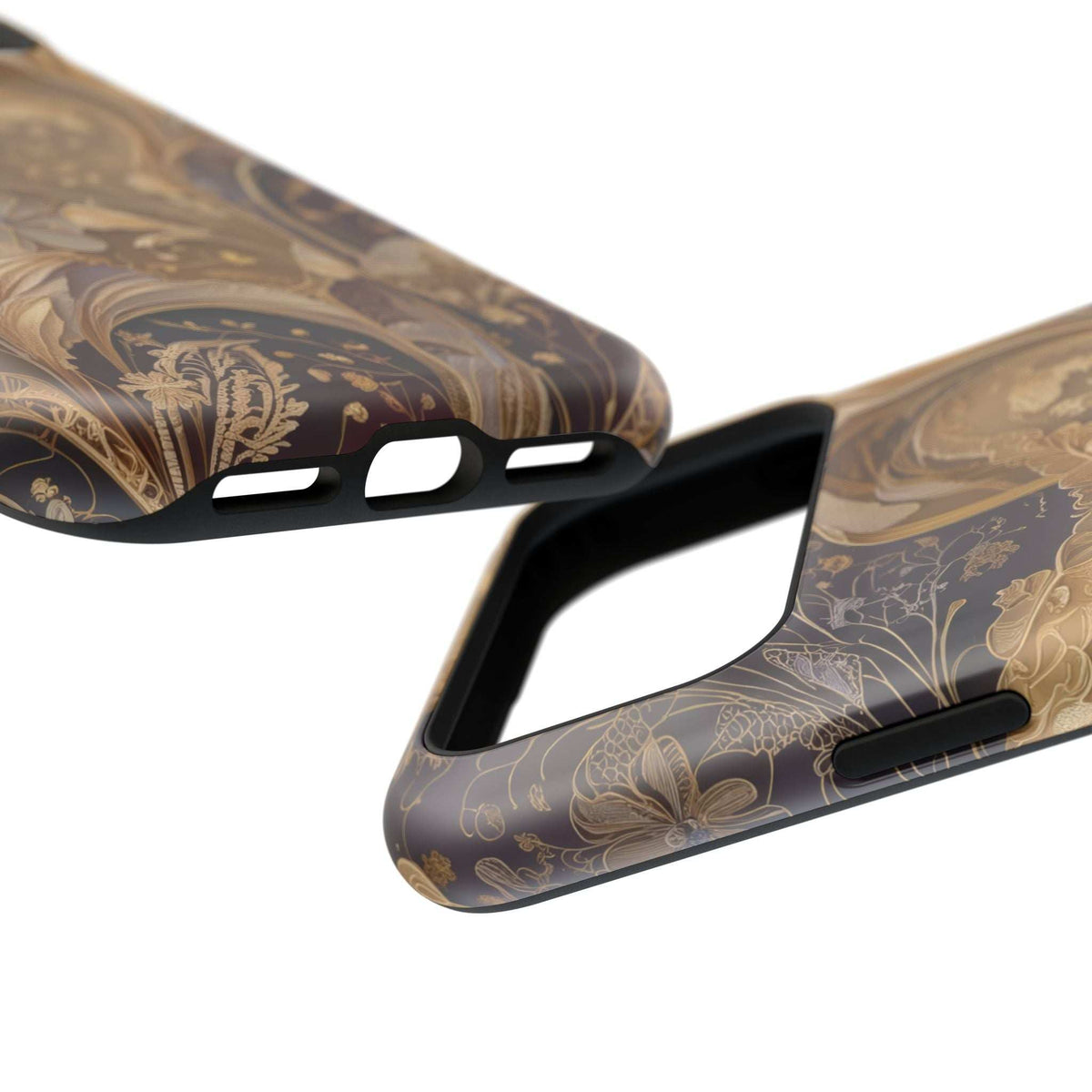 Botanical phone case side-on view with gold floral art, speaker/charging cutouts and rim