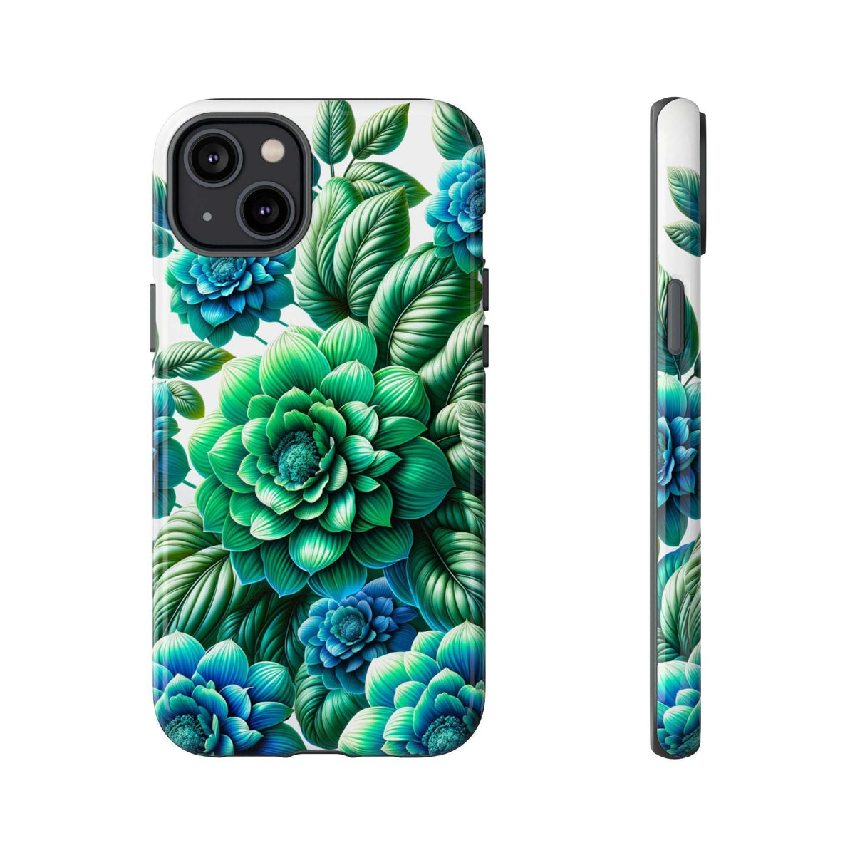 Phone case back featuring green and blue floral pattern; side view shows thin case edge.