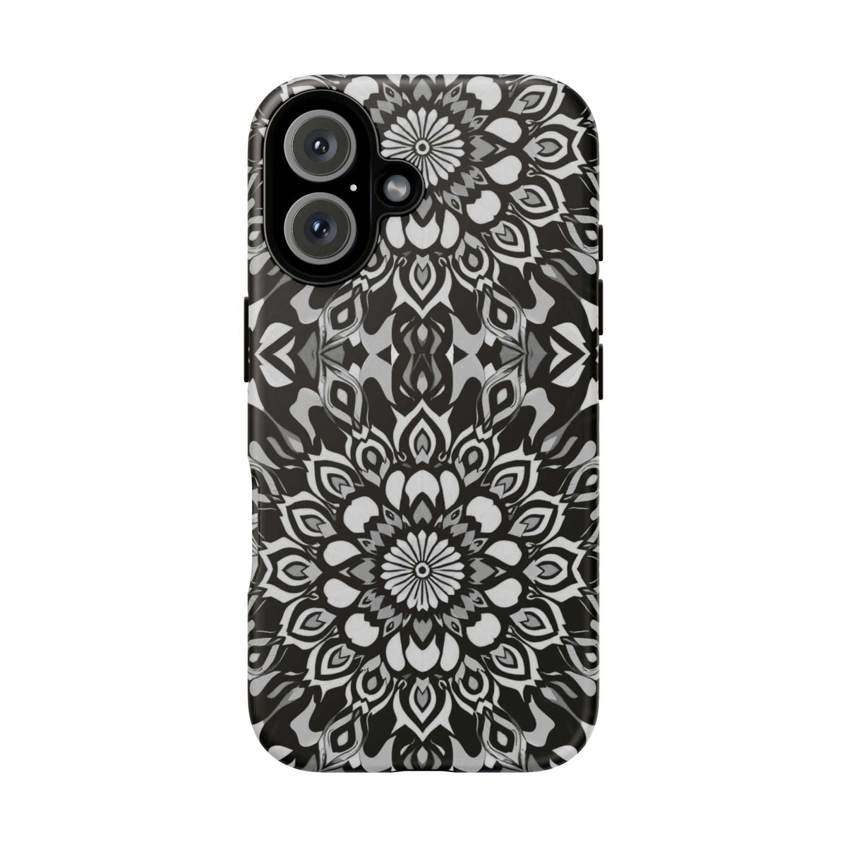 Phone case with black-and-white mandala floral pattern and multi-camera cutouts