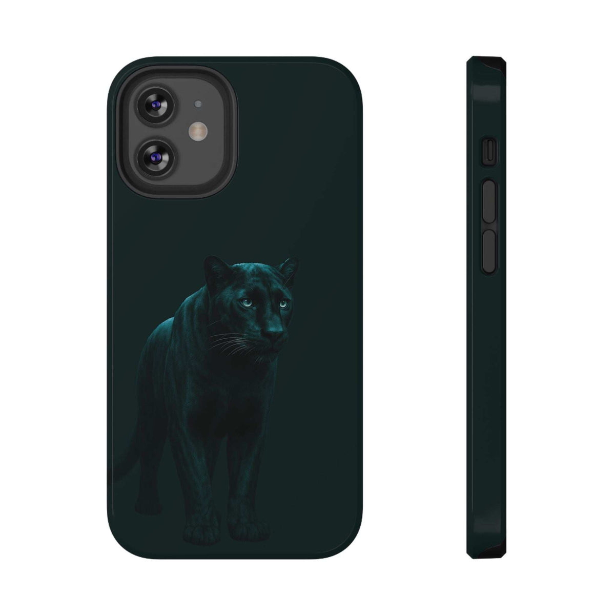 Dark teal phone case showing teal panther print, with camera lenses and side button openings