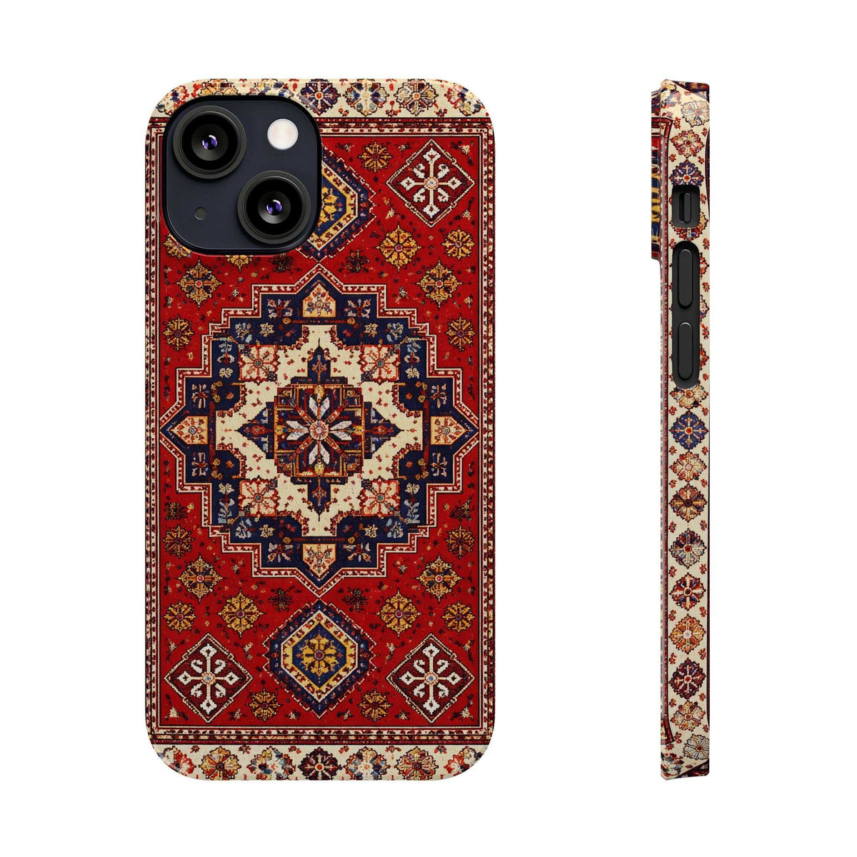 Red ornamental phone case with front camera cutouts and a matching side profile strip.