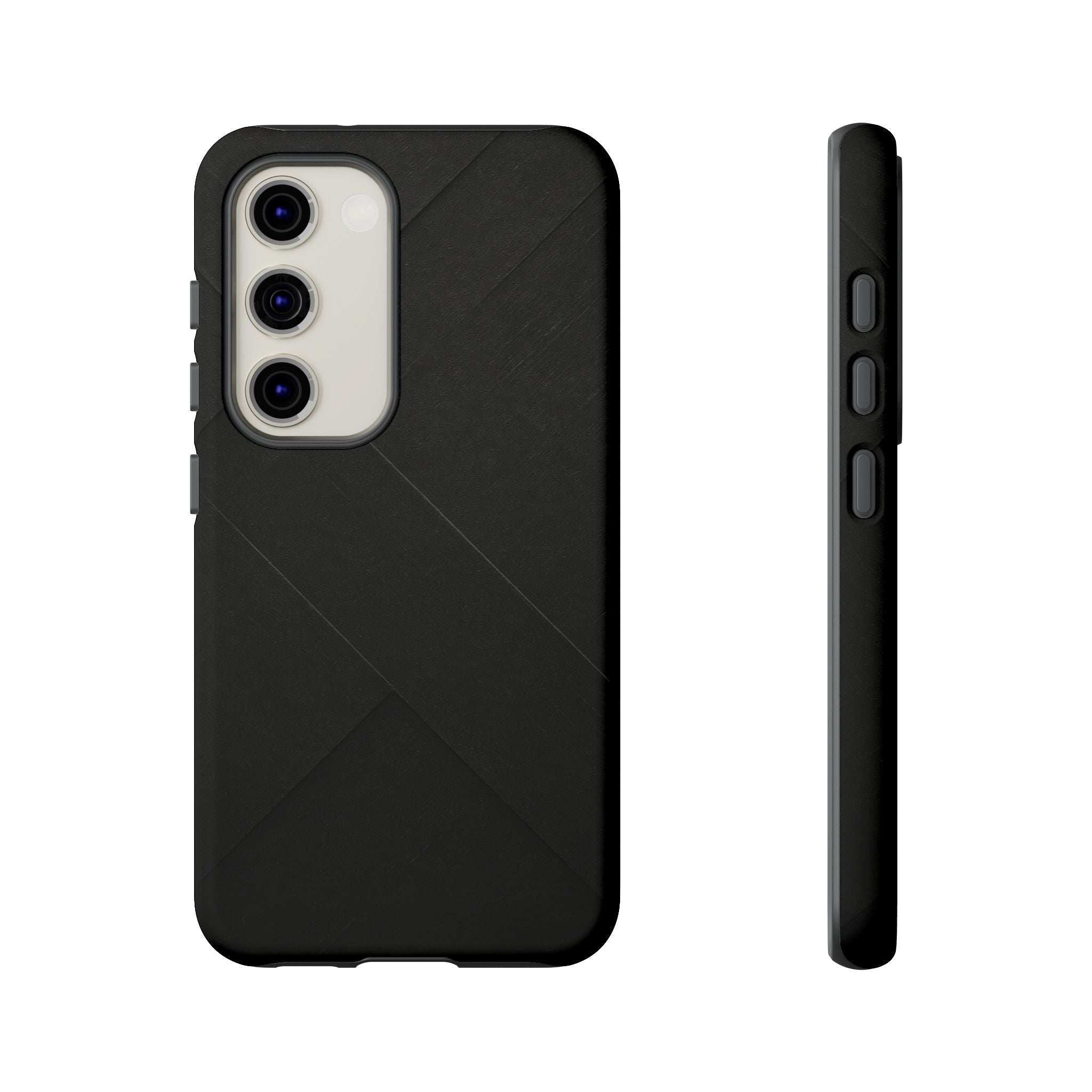 Matte black diagonal line phone case with triple camera openings and slim protective edge.