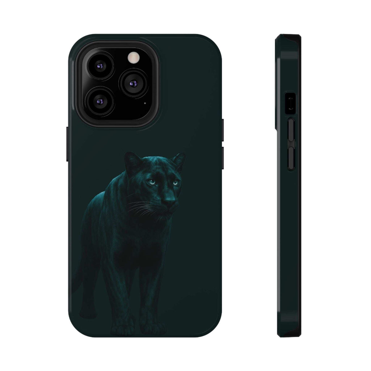Dark teal phone case with teal panther artwork, showing camera lenses and protective edges