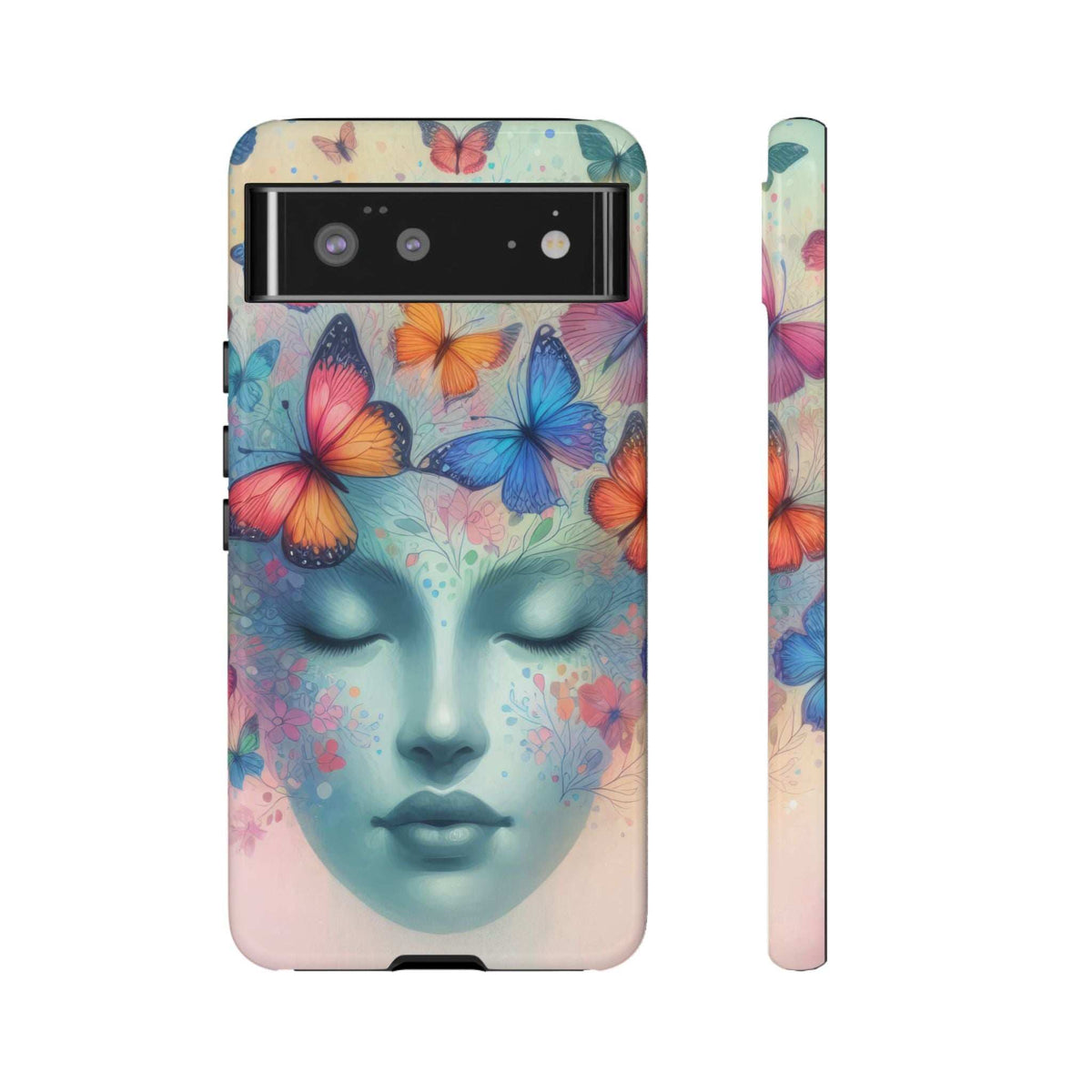 Phone case with pastel butterfly face illustration and camera lenses visible