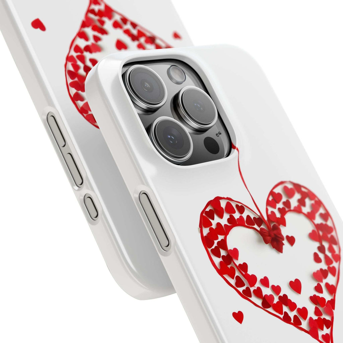 White phone case angled view with red heart design and camera lens cutout