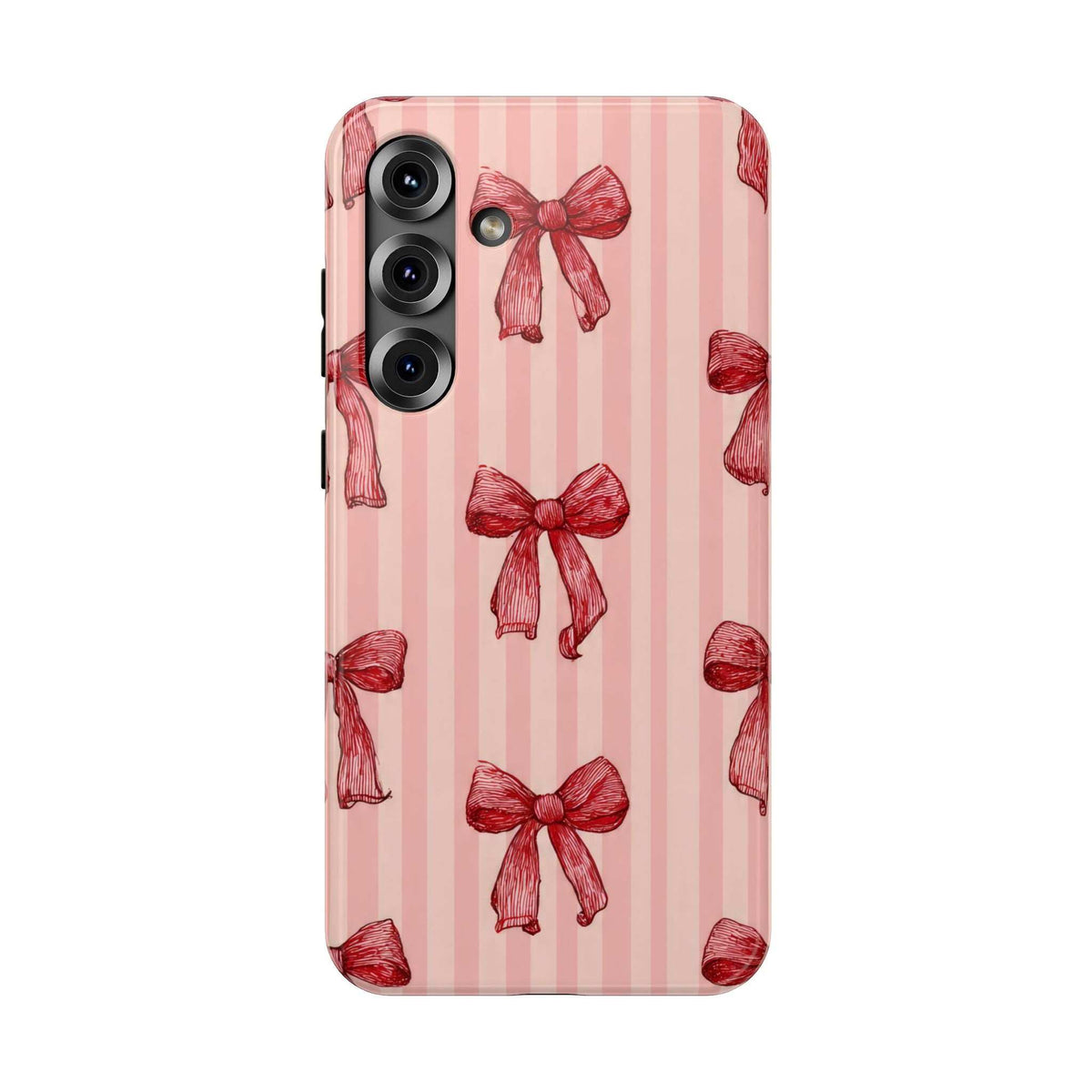 Pink phone case with red bow and stripe pattern; three camera cutouts on back