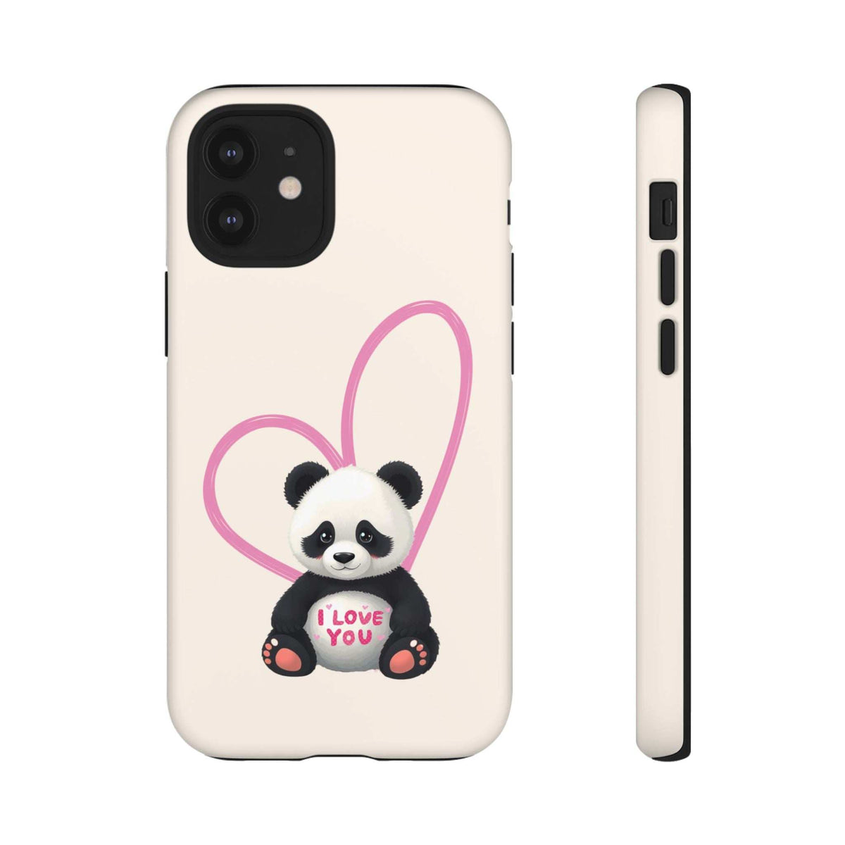 Light cream phone case featuring a panda in a pink heart with “I love you” text, side buttons