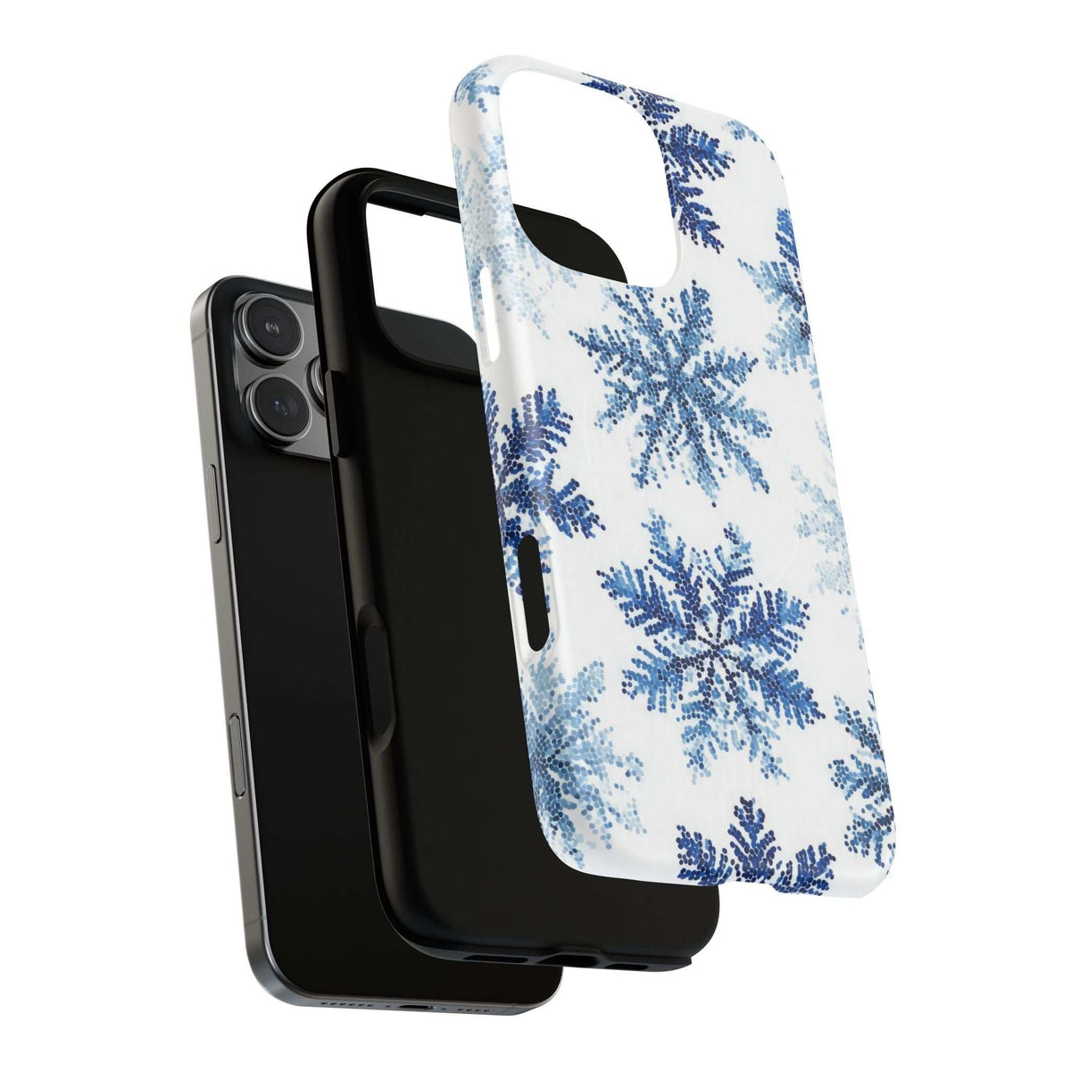 Blue snowflake print phone case with camera lens openings and side port access