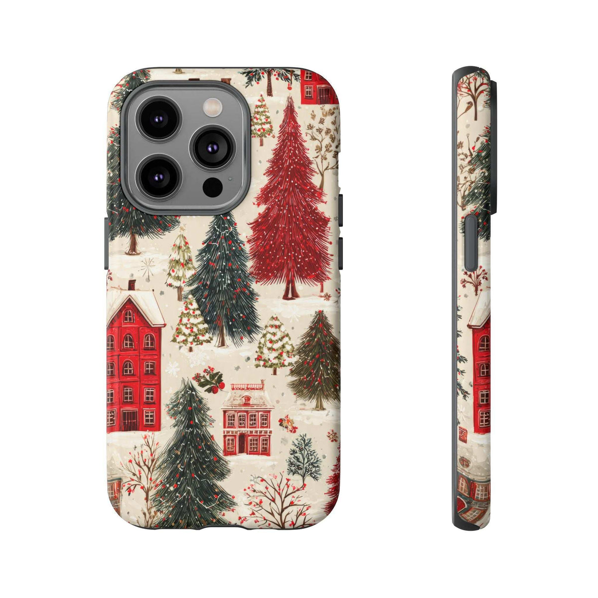 Phone case with winter village design, red house and pine trees, four-lens camera cutouts