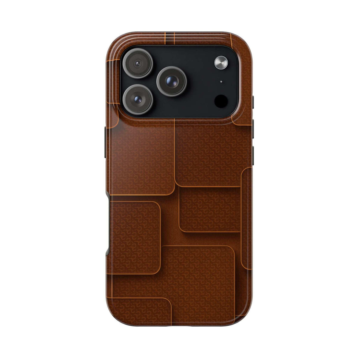 Brown textured phone case with raised camera cutout and slim side buttons