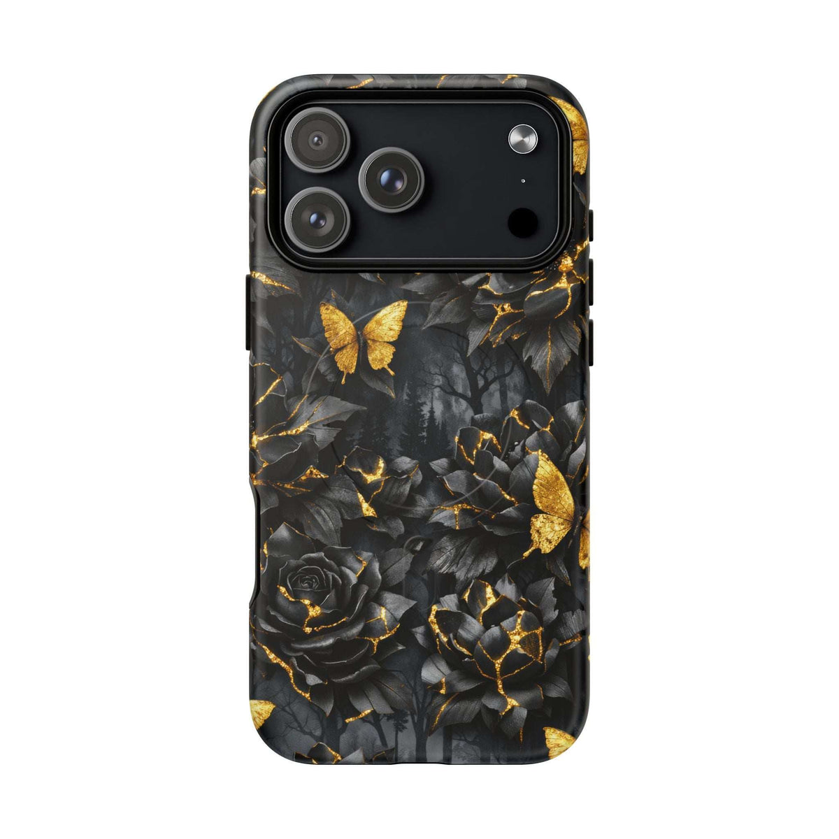 Black iPhone phone case front view with gold butterfly and rose kintsugi pattern