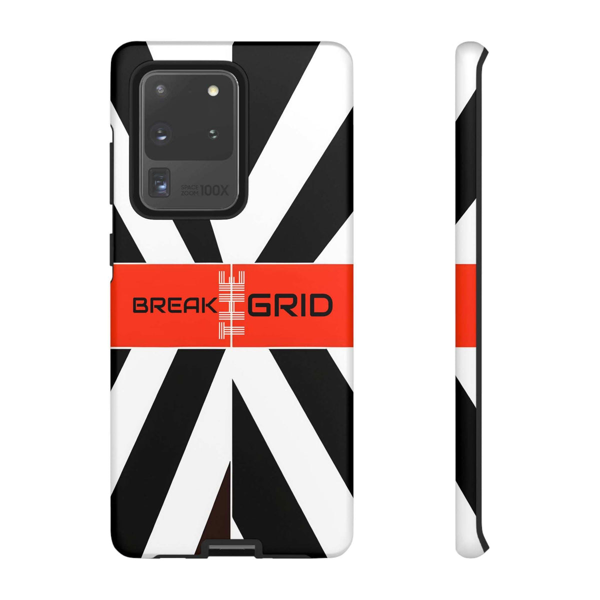 Phone case with black camera module, black-and-white geometric pattern and orange band