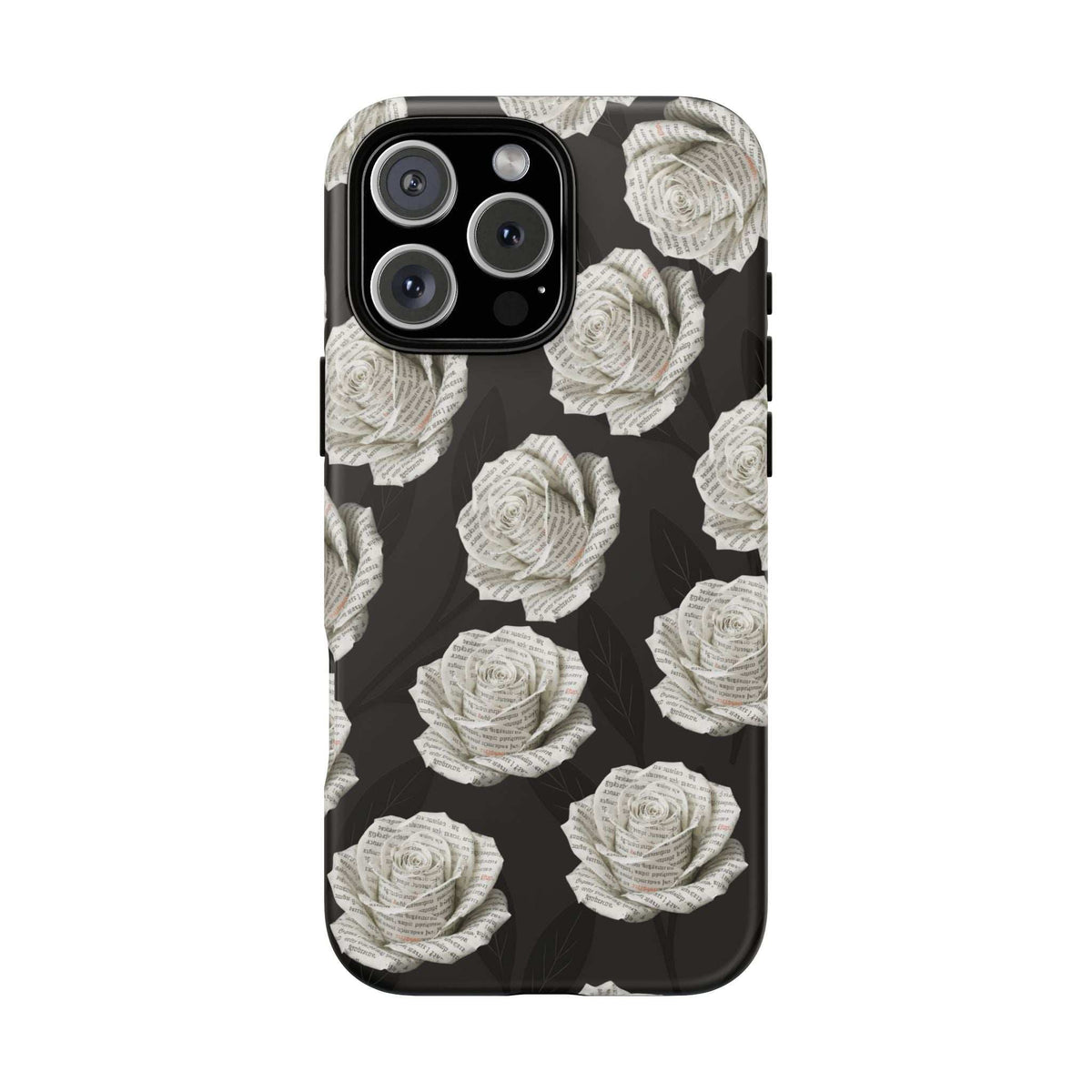 Phone case with black background and white rose pattern; triple-lens camera cutout at top-left.