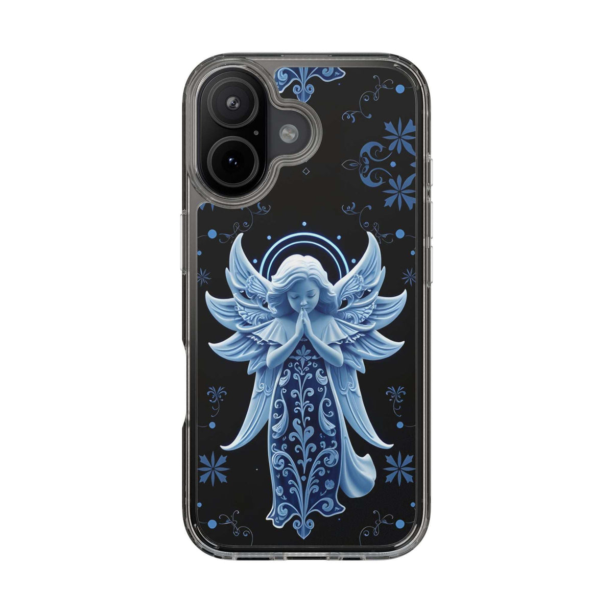 Clear phone case featuring a blue angel prayer design on the back