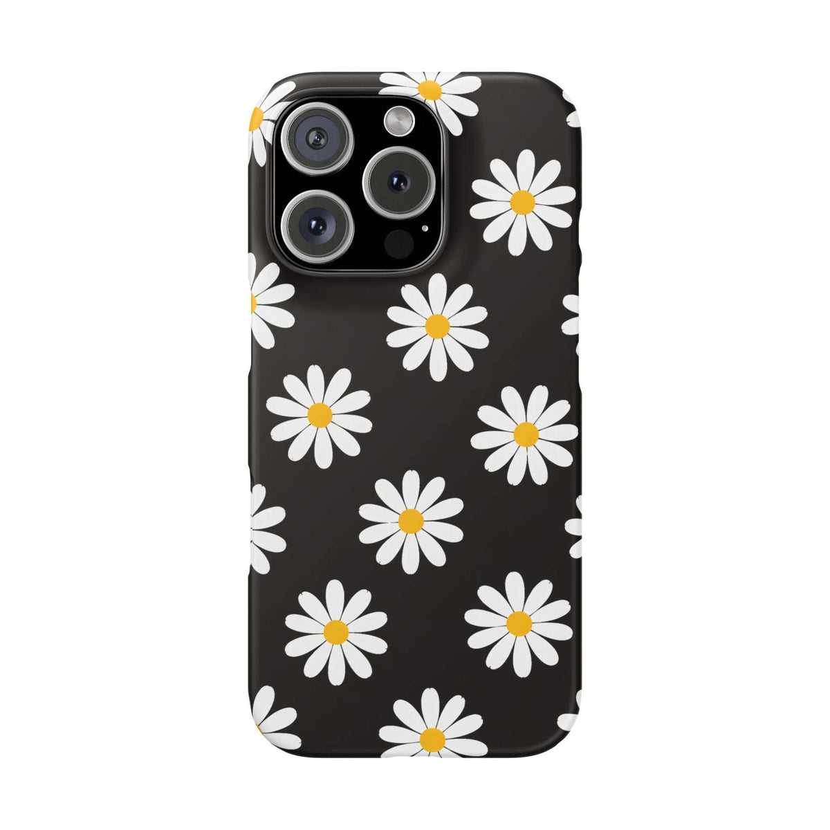Black phone case with white daisies and yellow centers, front view with camera cutouts