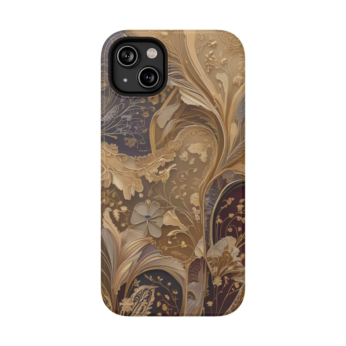 Gold and dark botanical floral phone case, dual camera cutouts with small flash