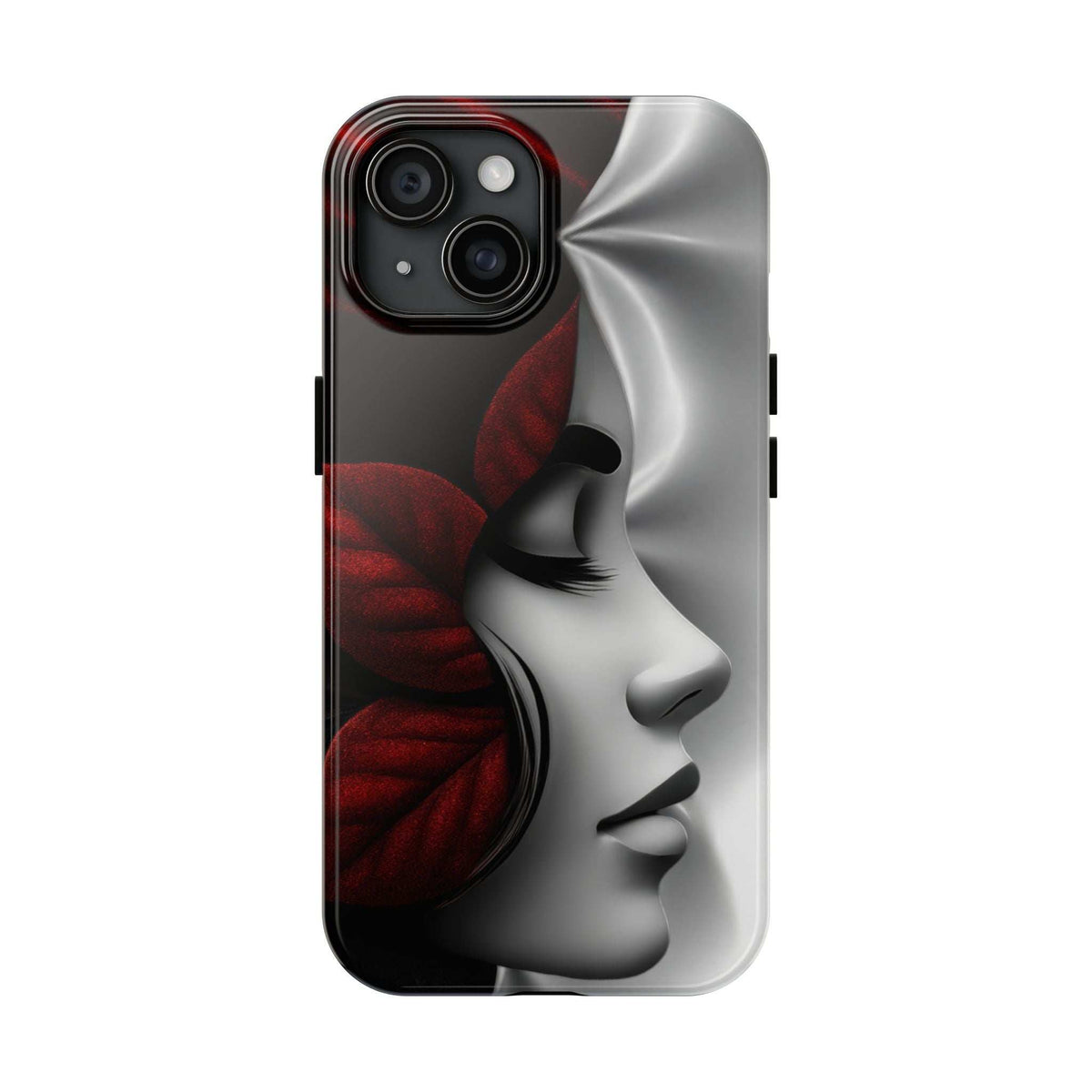 Phone case for iPhone and Galaxy, black with silver face graphic and raised camera cutouts
