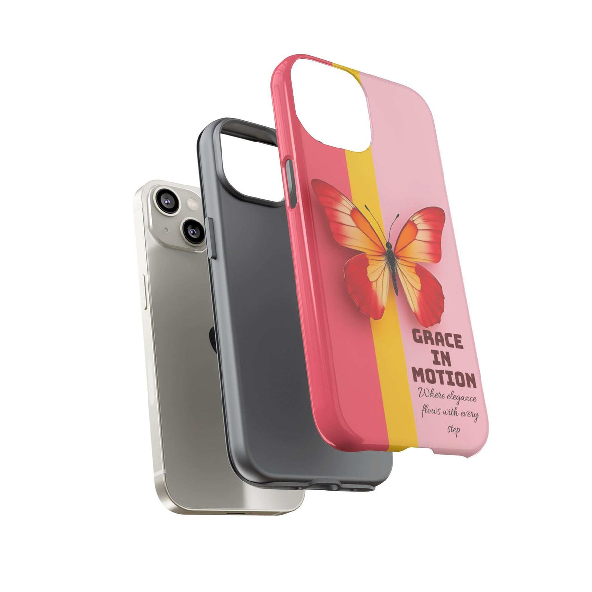 Tough phone case in pink with yellow stripe and red butterfly design, shown angled with front cutouts