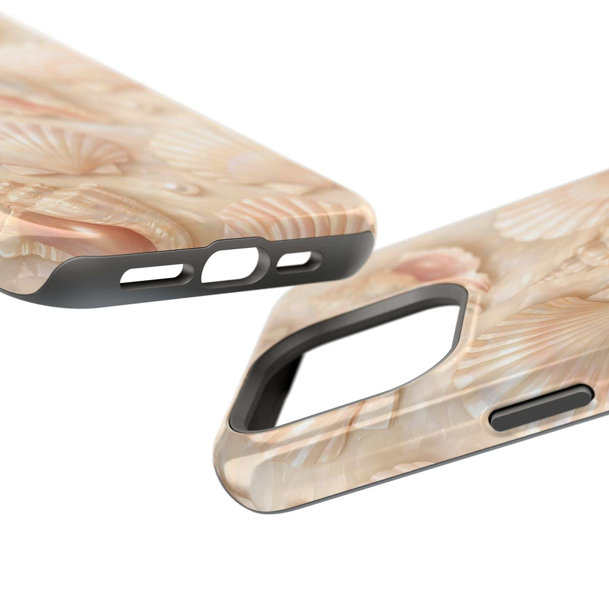 Beige seashell phone case side view with port and button cutouts
