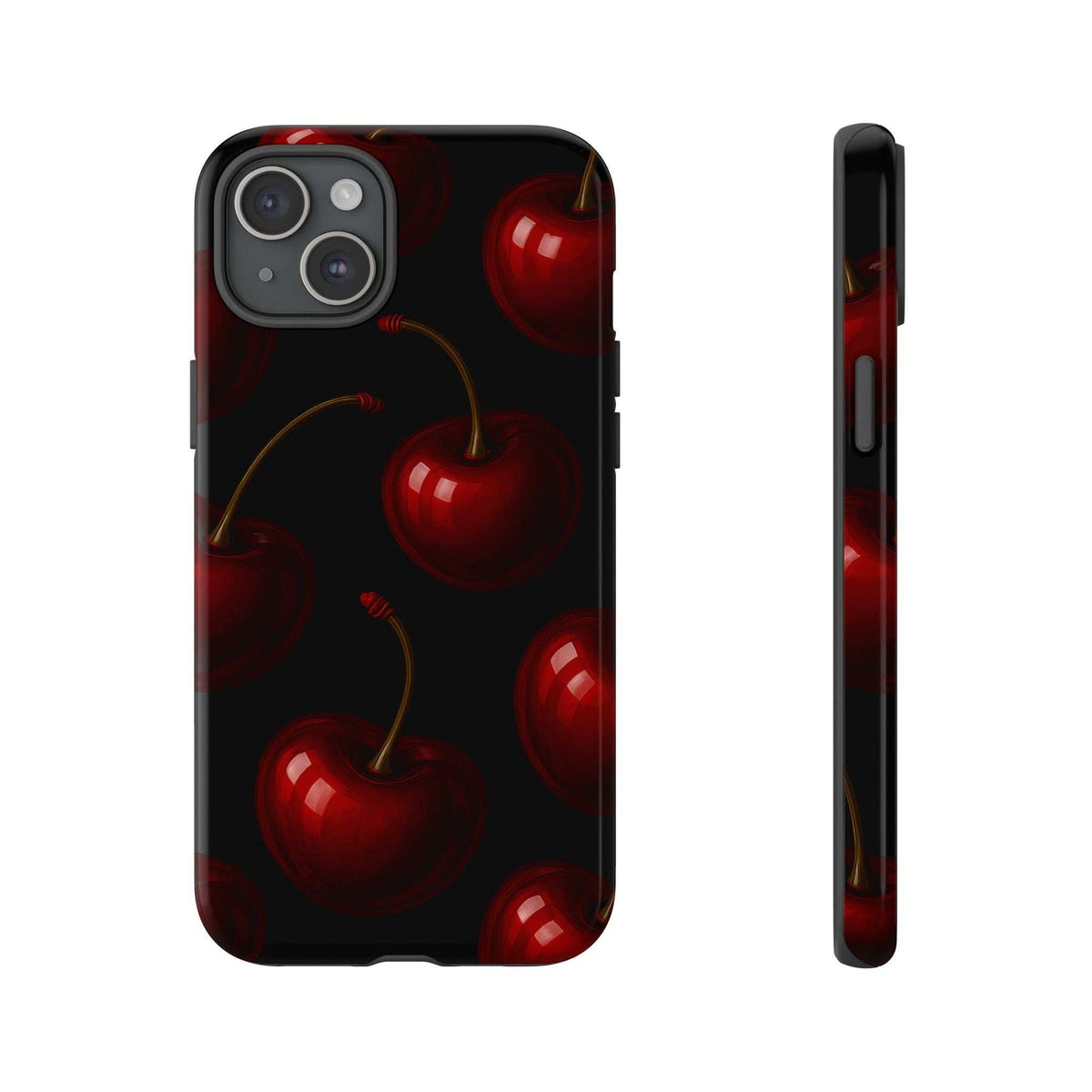 Cherry phone case with glossy finish, black and red cherry print, raised camera cutout, buttons.