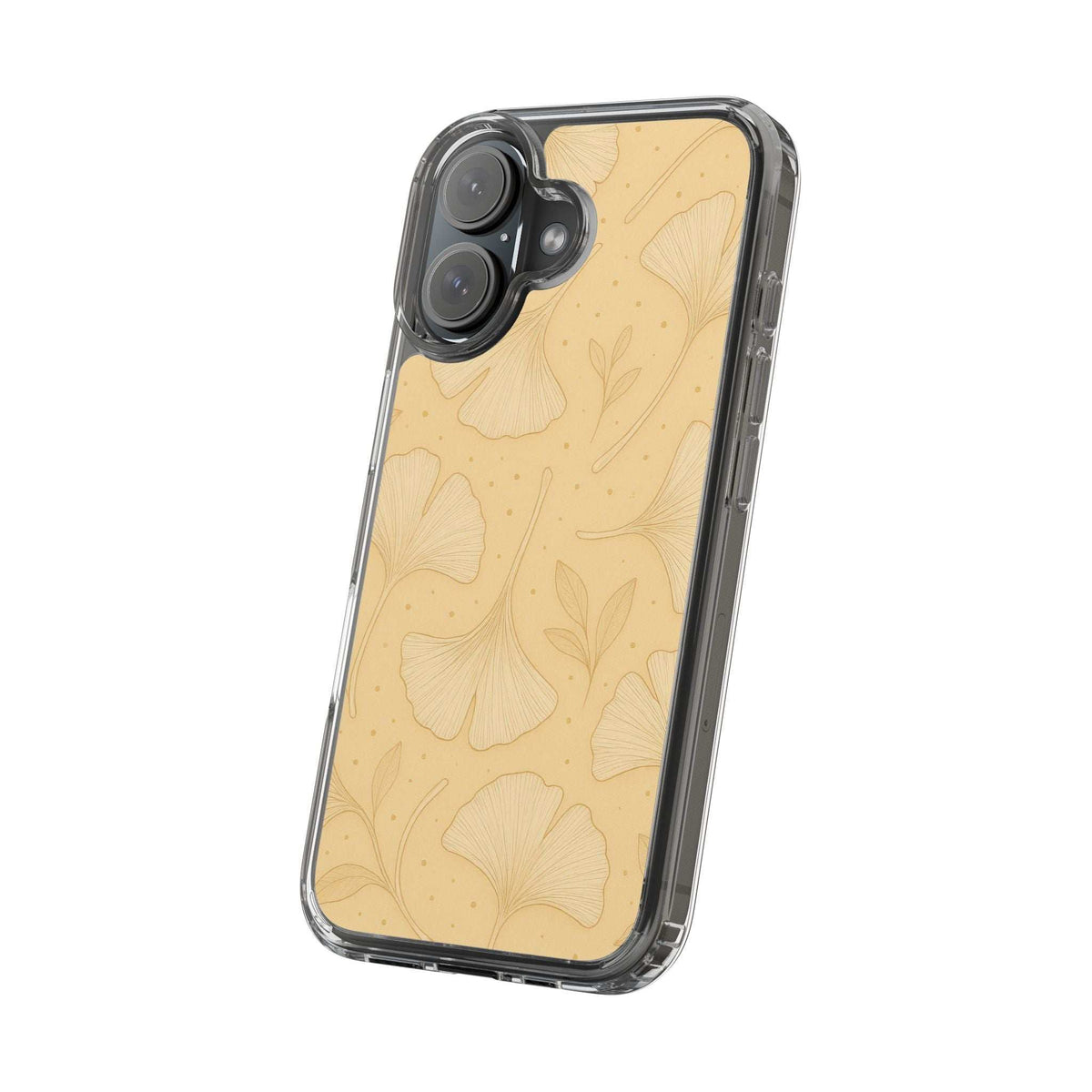 Angled beige ginkgo floral phone case with transparent sides and camera cutouts