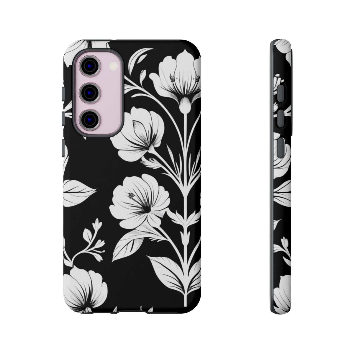 Black floral phone case with white blossoms; back view with camera cutouts and button covers.
