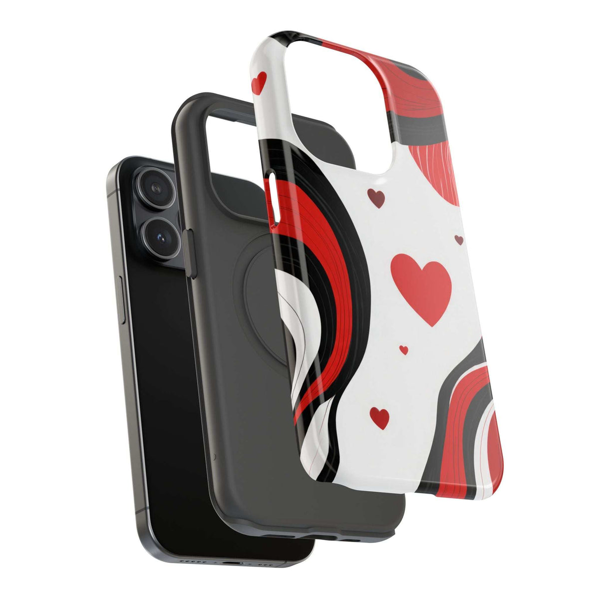 Phone case back view with camera cutouts; glossy red heart and swirl pattern with waves.