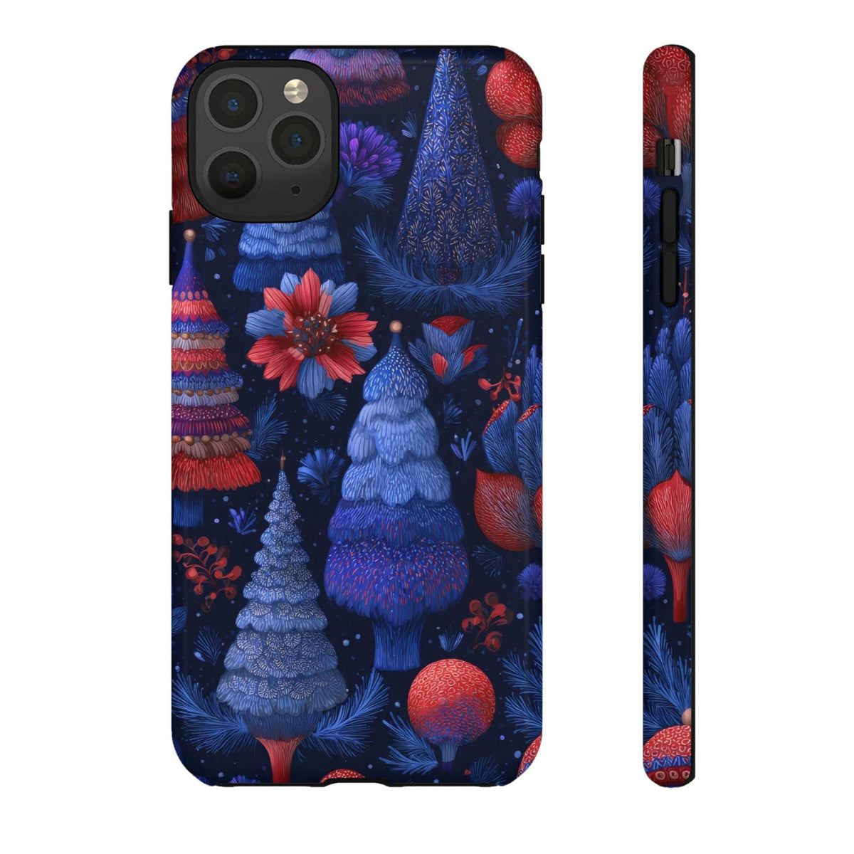 Glossy phone case with midnight blue forest pattern, red ornaments, and camera cutout.