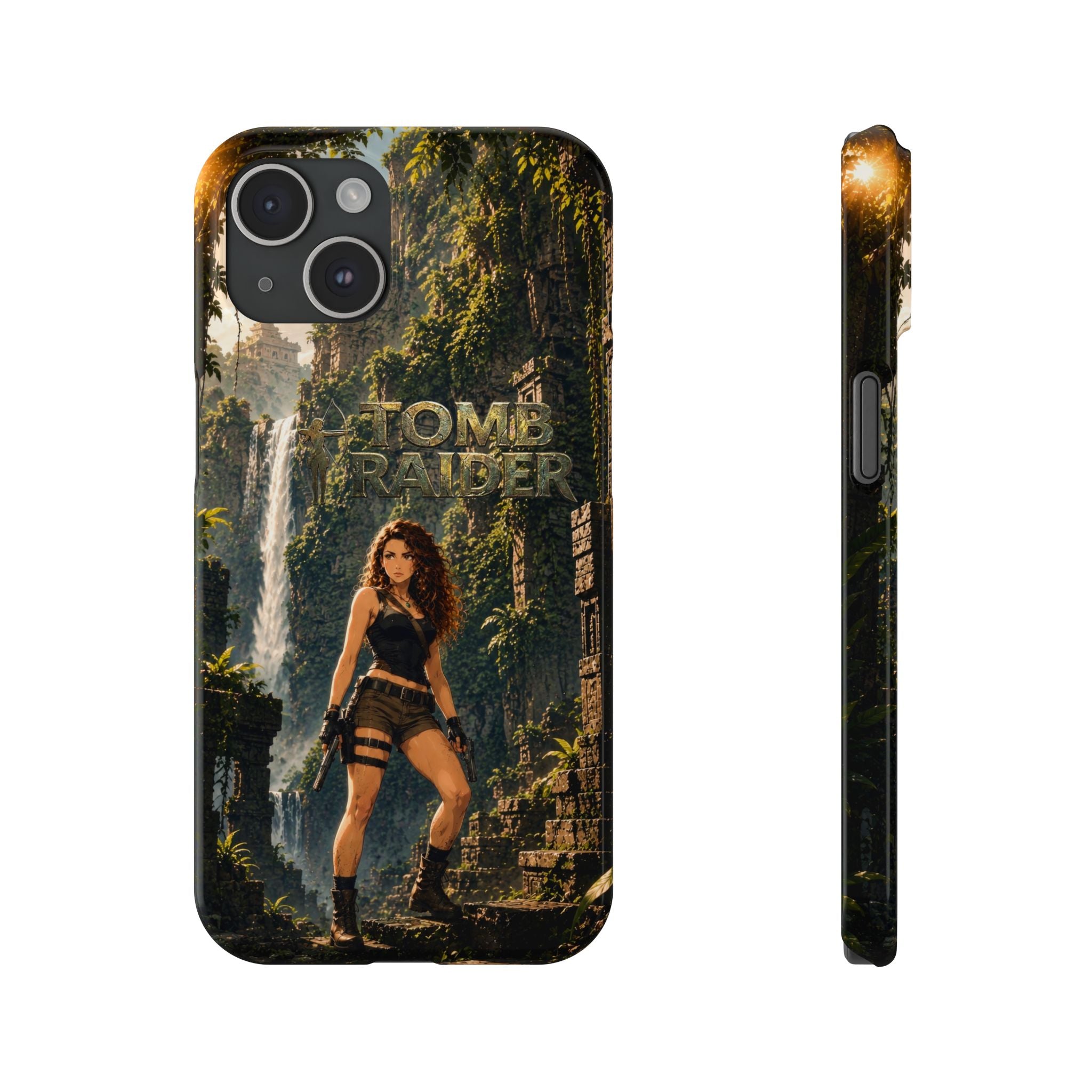 Tomb Raider iPhone case, dark back with character artwork, side view showing edge details