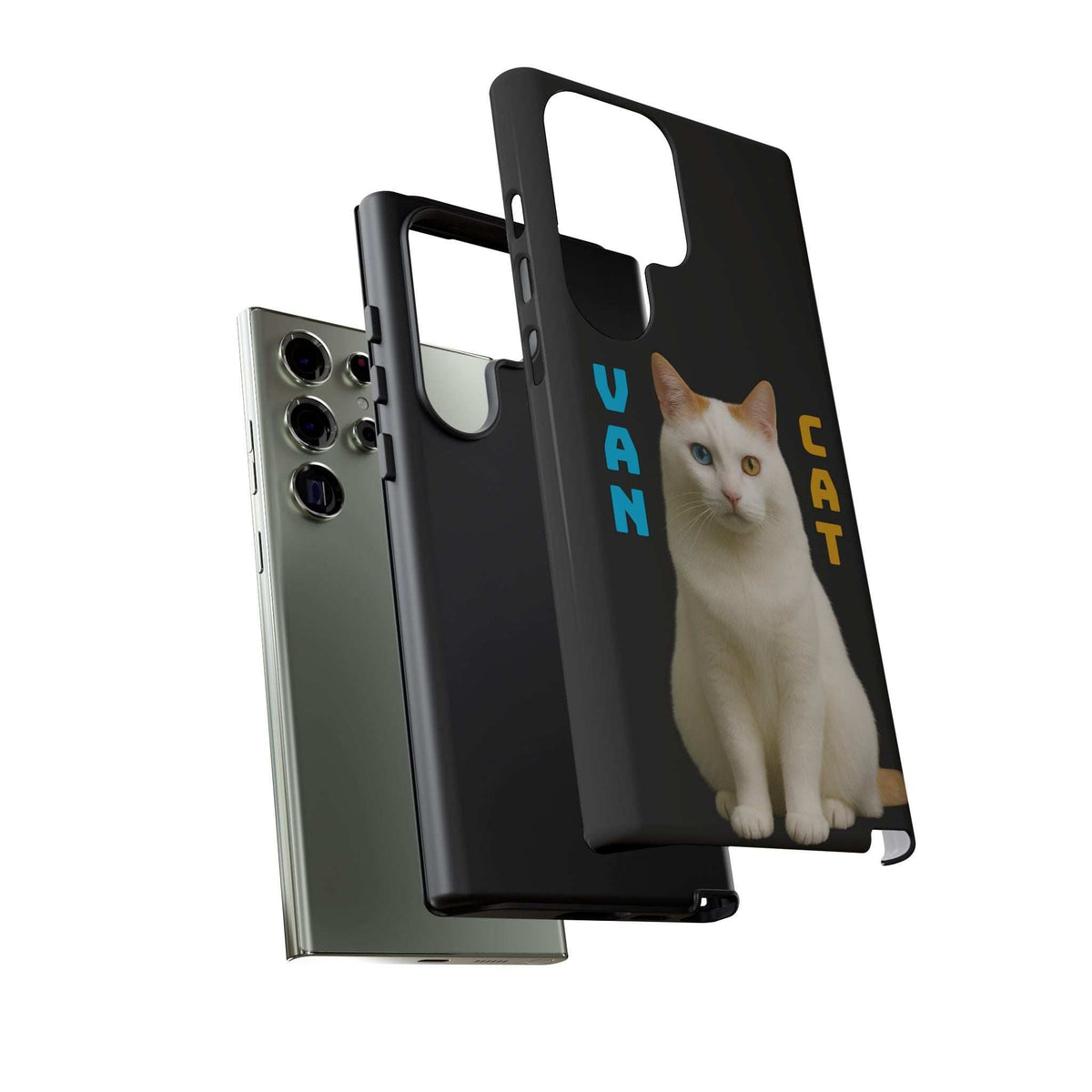 Black phone case with cream cat graphic, side frame, and camera cutouts